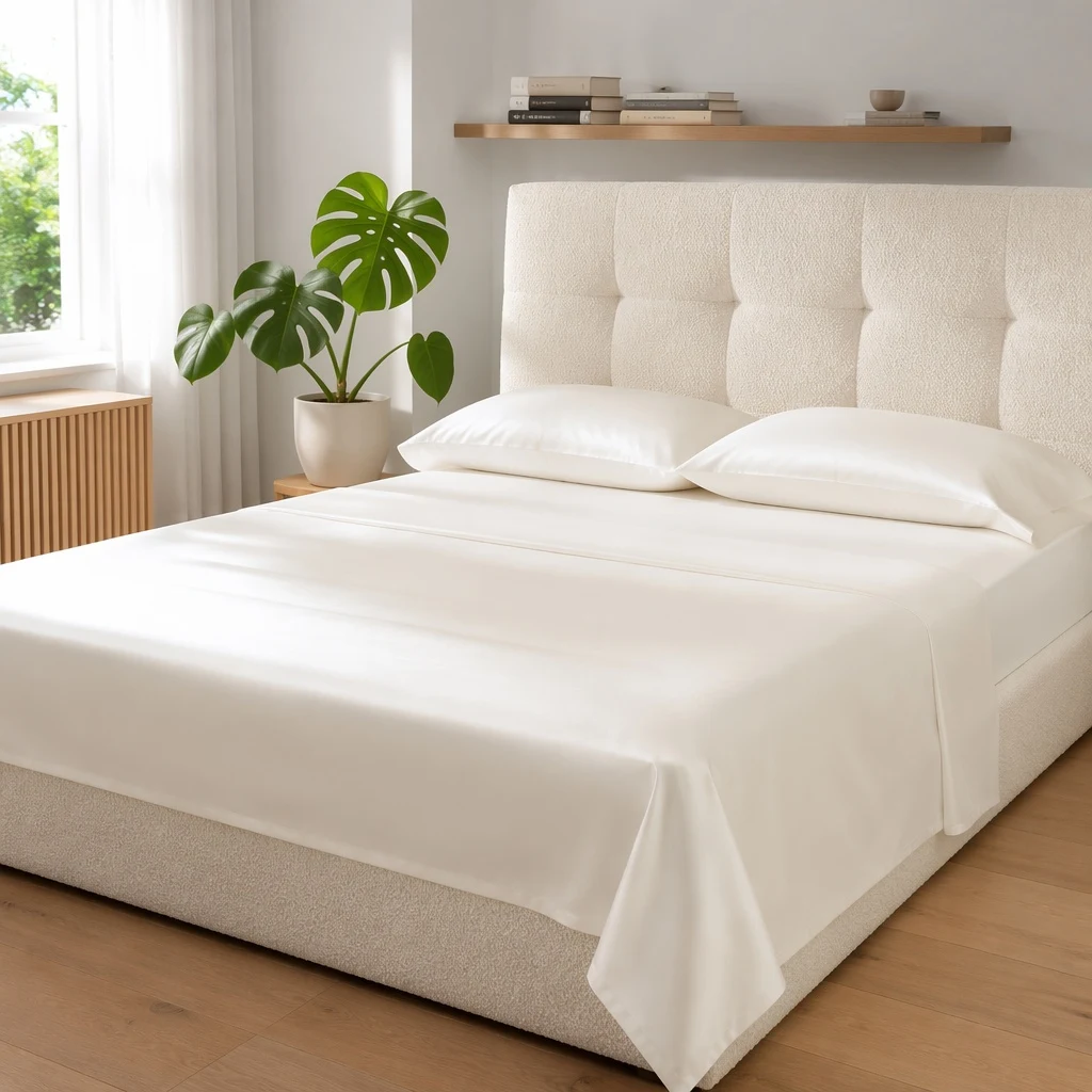 White bamboo-derived bedding in a bright bedroom with natural light and greenery