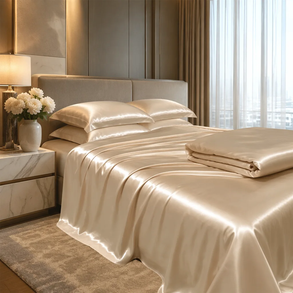 Blue bamboo bedding collection in a premium bedroom setting