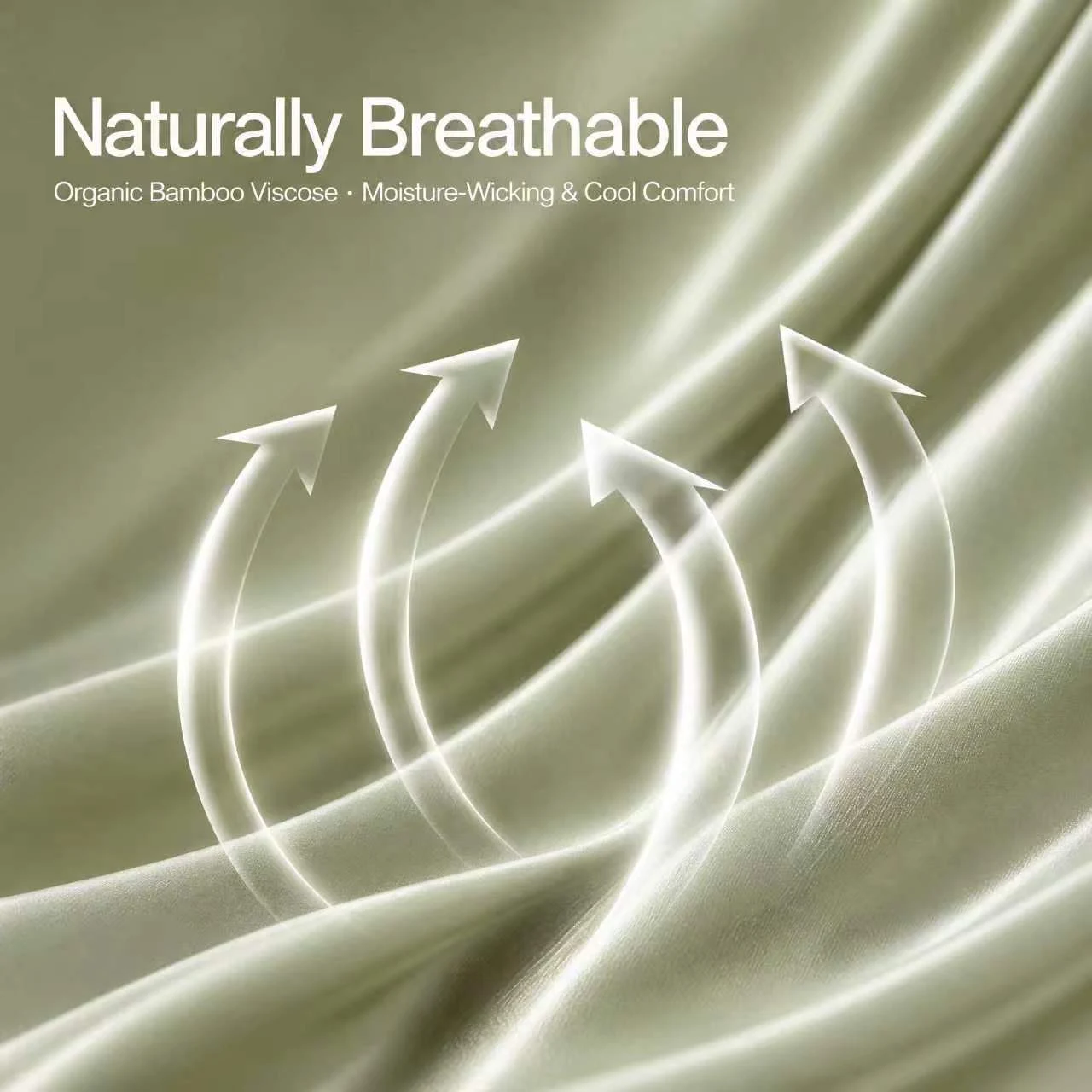 Airflow arrows moving through breathable bamboo-derived fabric