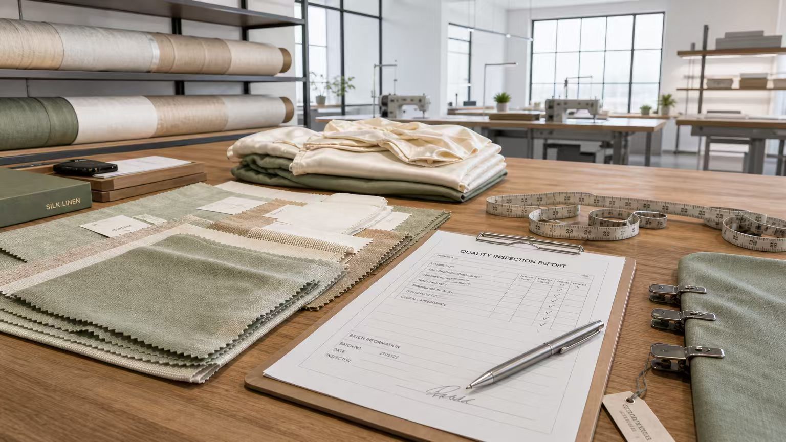 Bamboo bedding fabric swatches, finished samples, measurement tools, and an order quality-inspection report in the factory