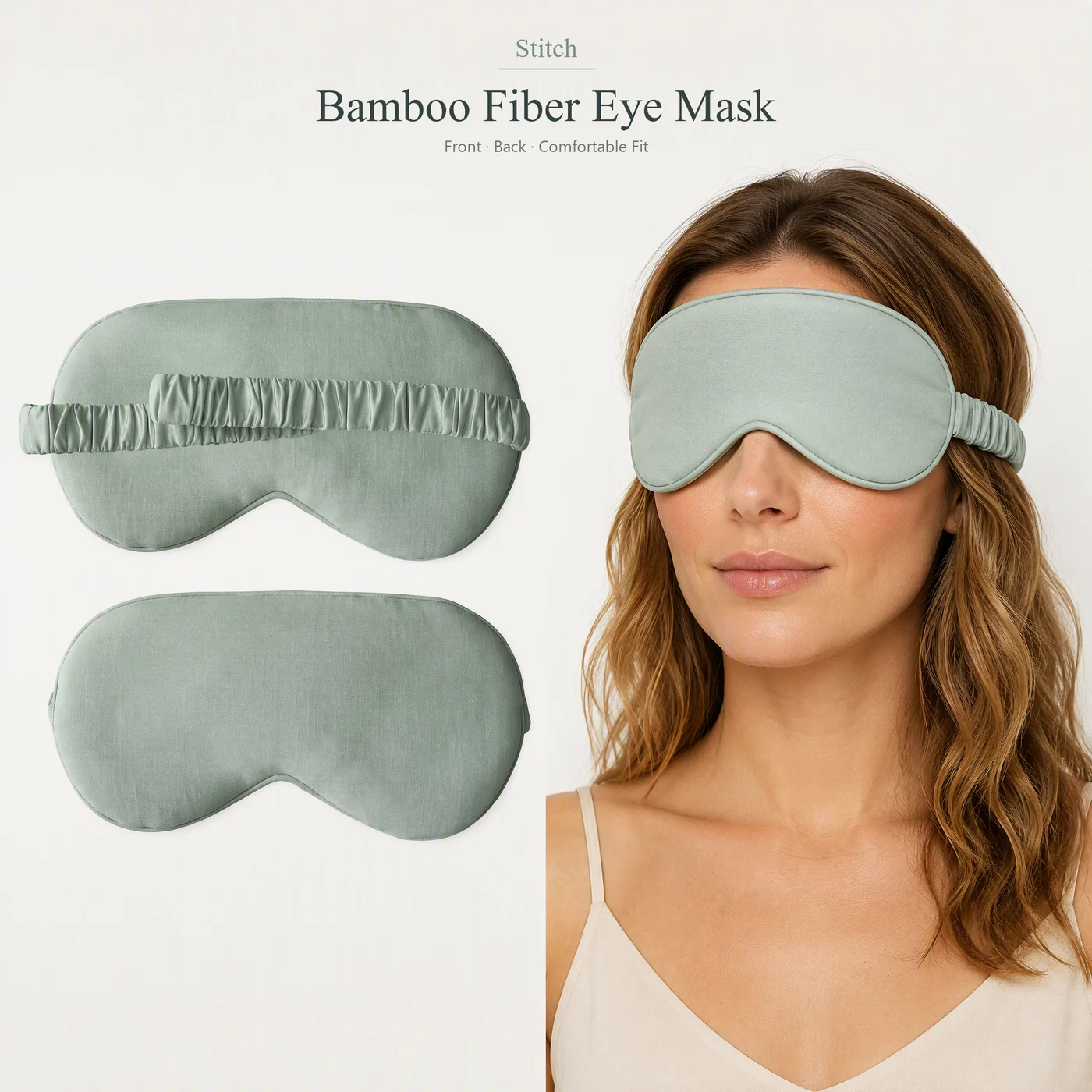 Sage bamboo sleep mask front and back views with fabric-covered elastic and wearing reference