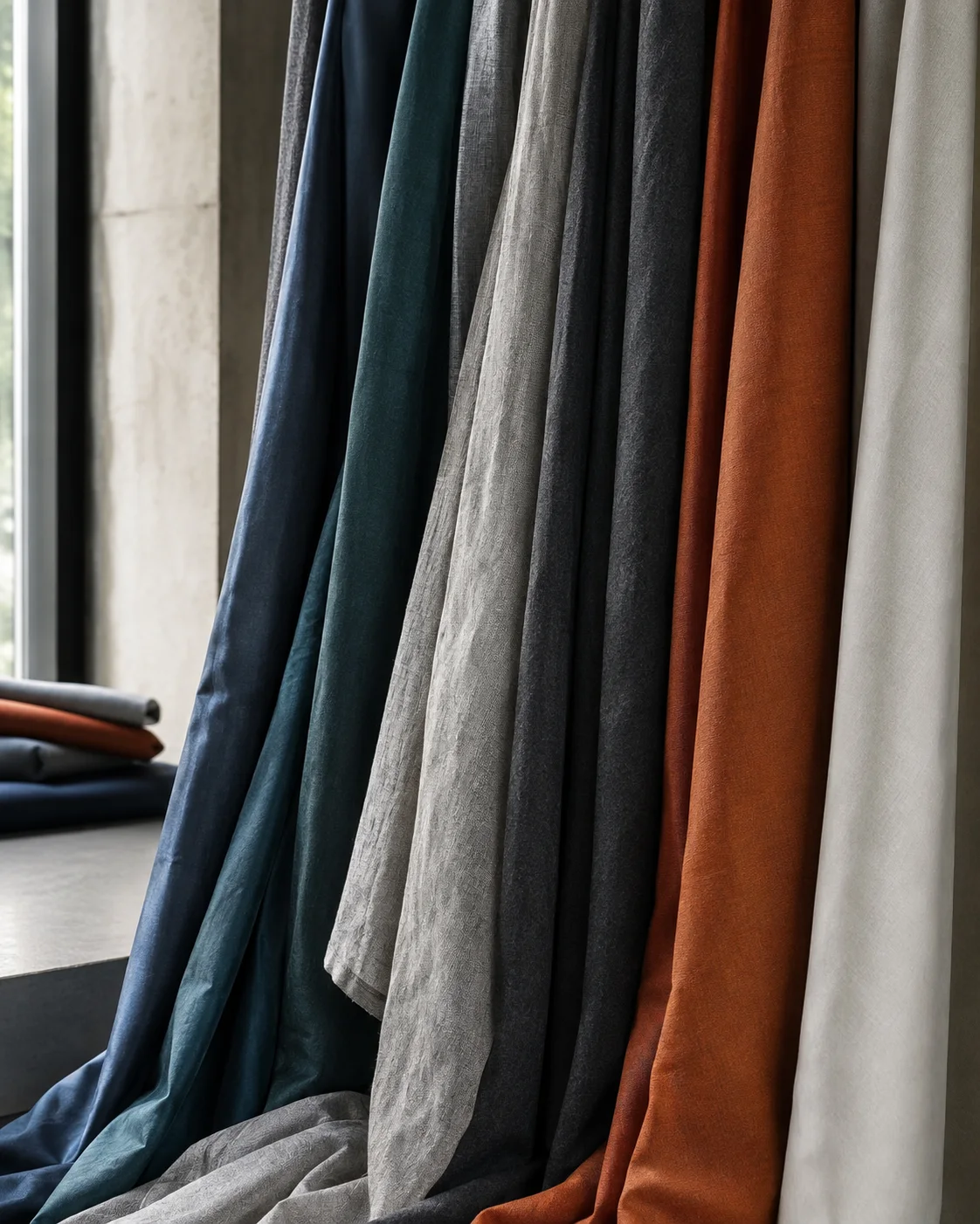 Layered silk blend, linen, cotton and wool fabrics in a textile sample room