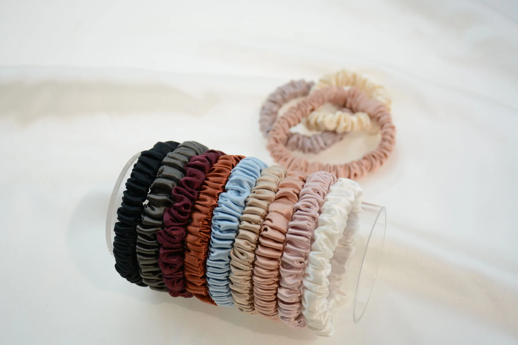 Silk scrunchies in coordinated colors and widths