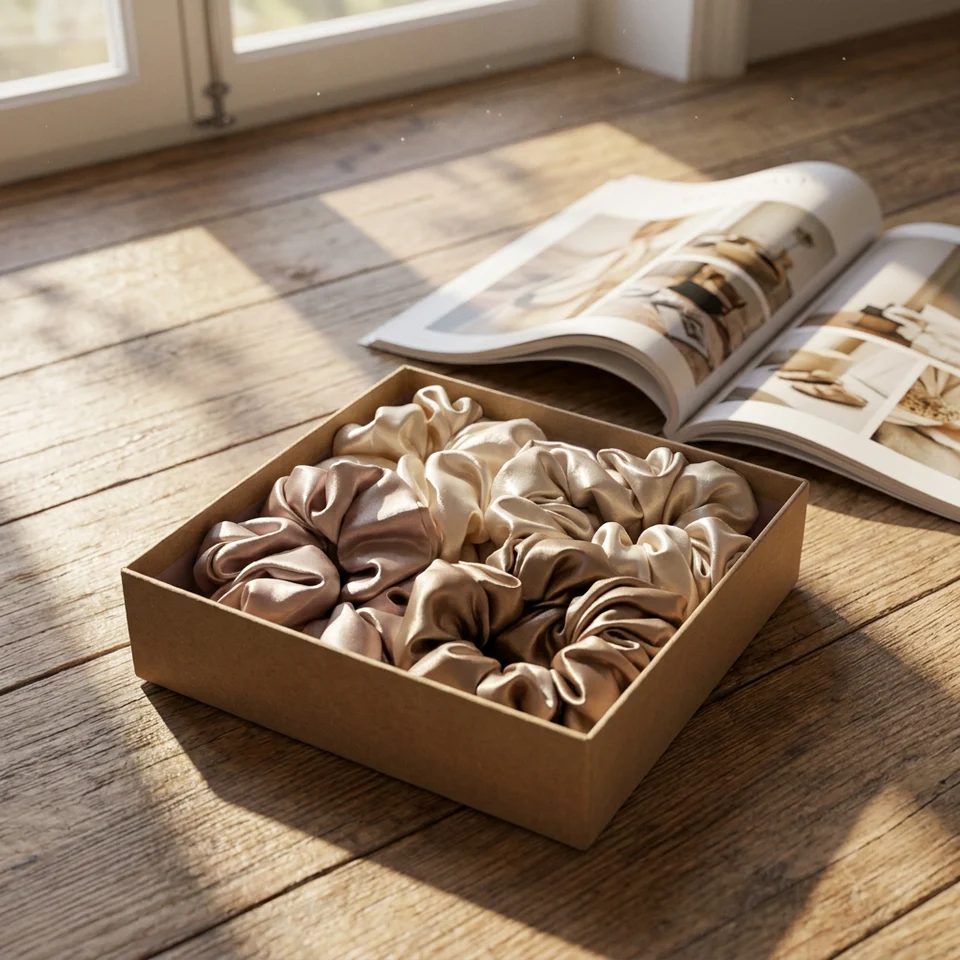 Champagne silk scrunchie in a gift box