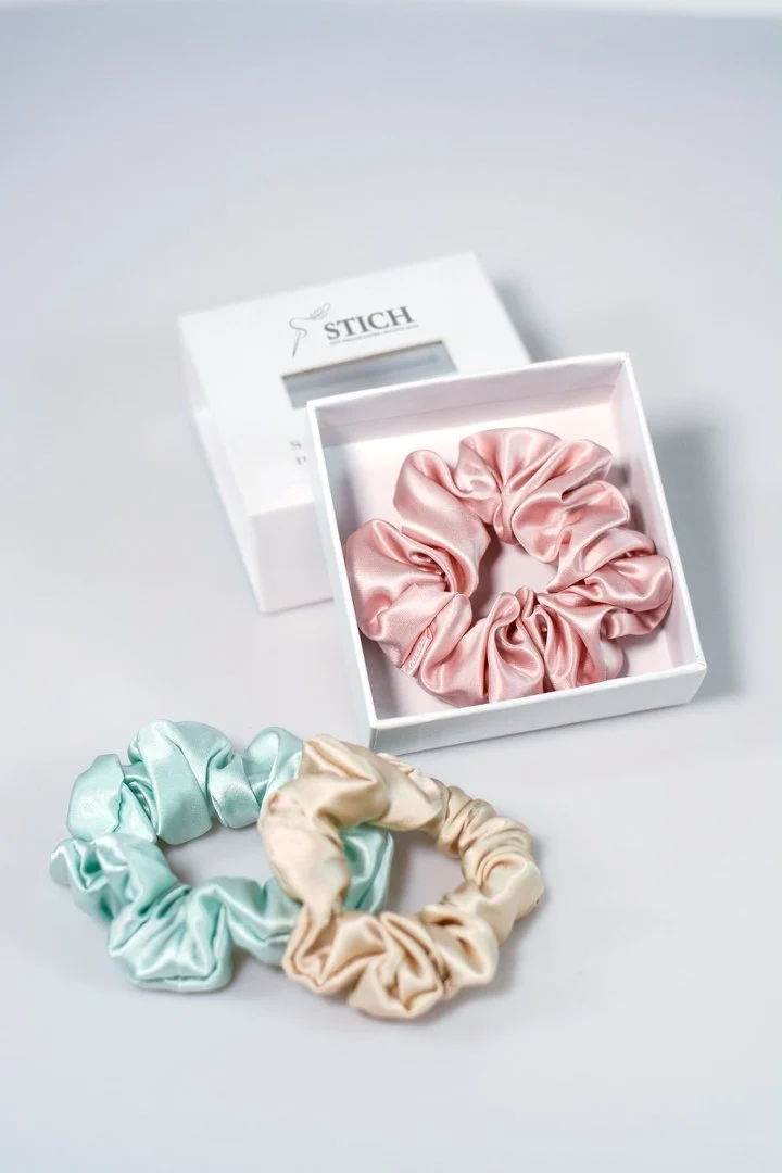 Pink gift box with mint and champagne silk scrunchies