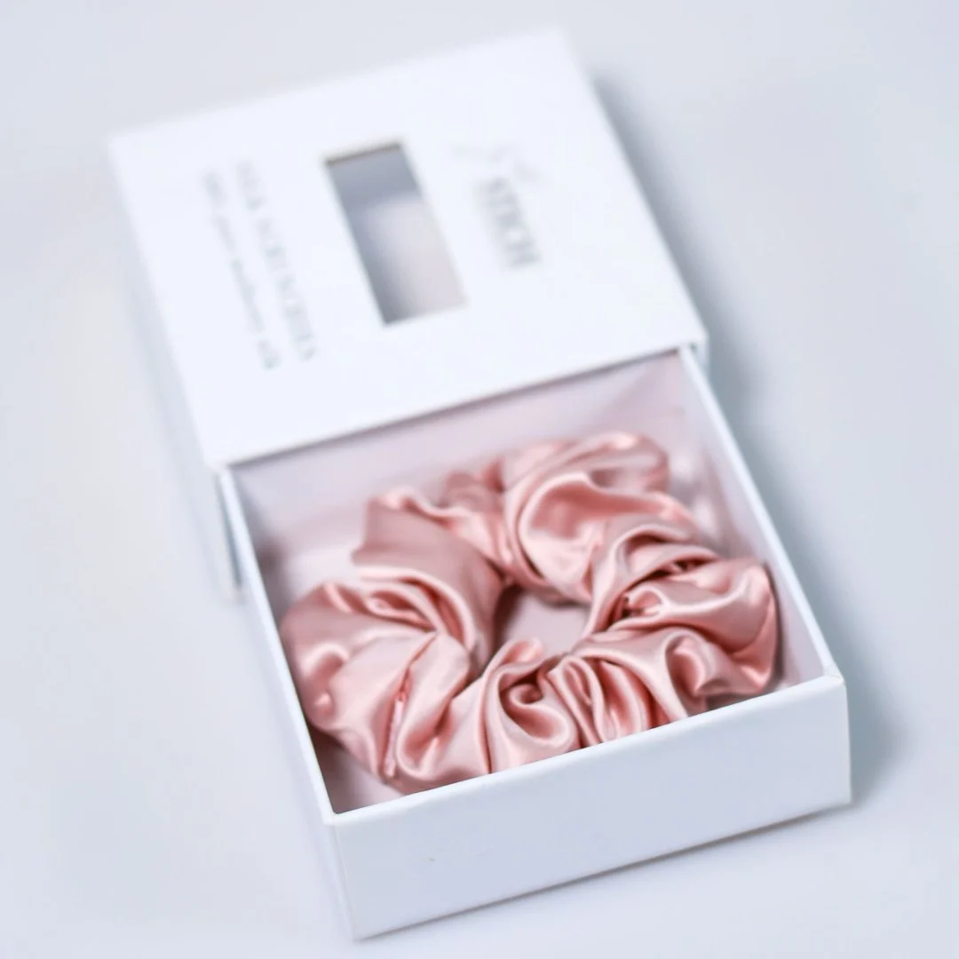 Pink silk scrunchie in a custom window gift box