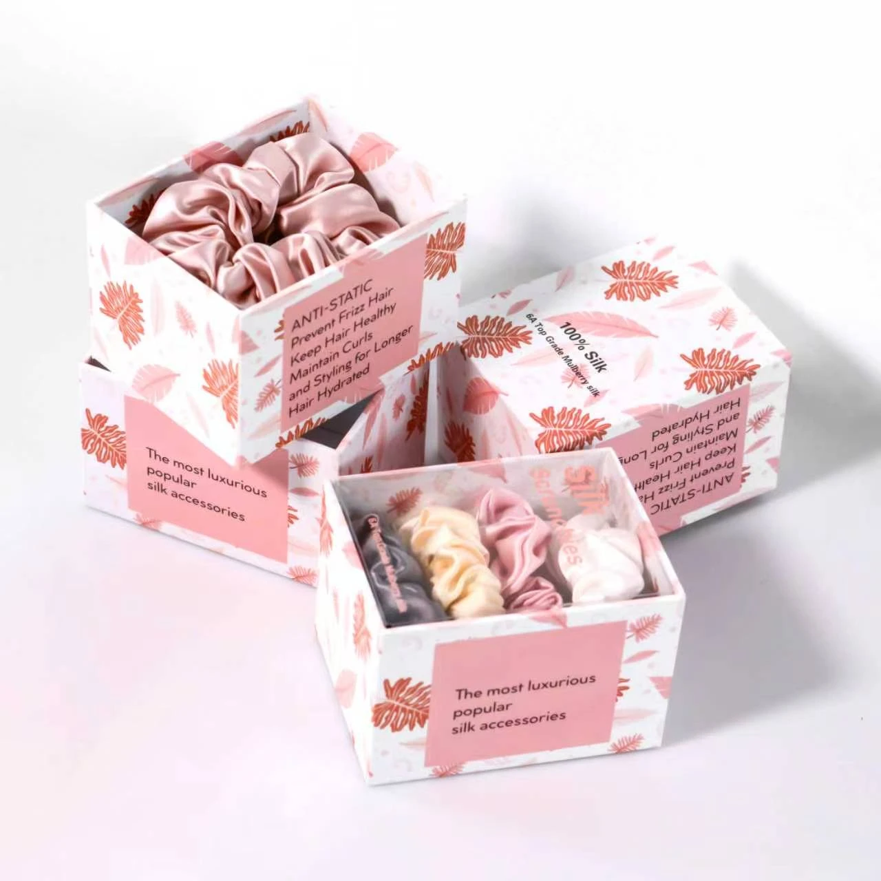 Pink silk scrunchie gift boxes
