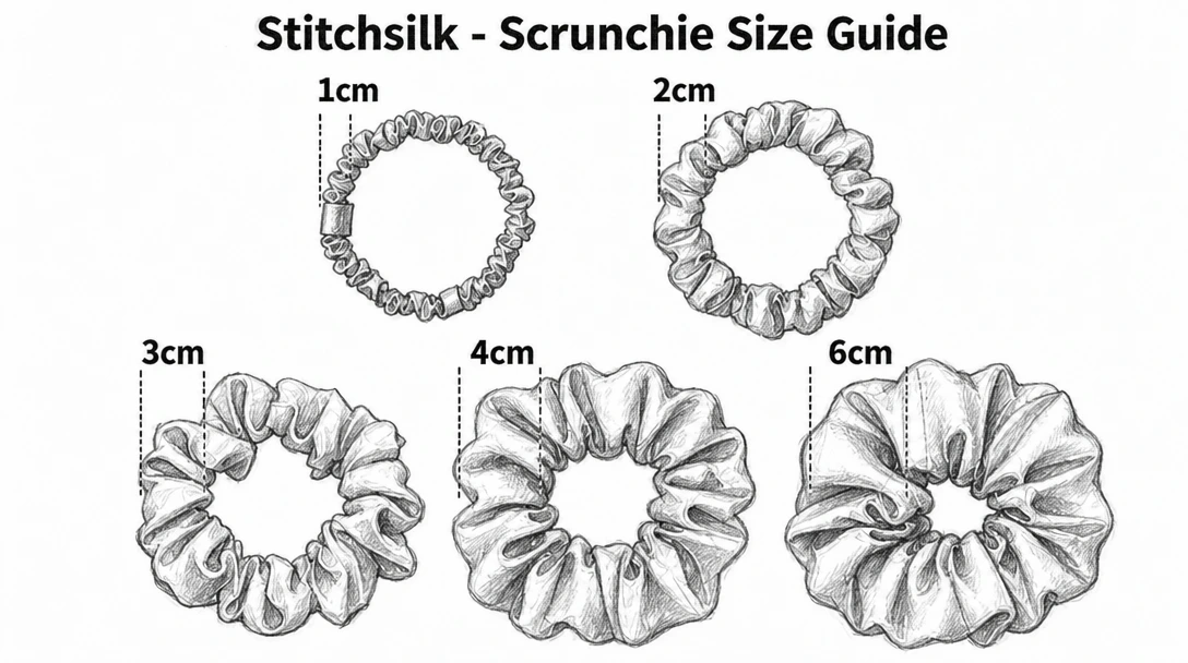 Stitchsilk scrunchie size guide showing 1, 2, 3, 4, and 6 cm widths