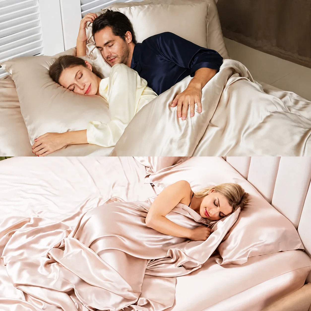 Silk bedding used for comfortable sleep in champagne and blush colorways