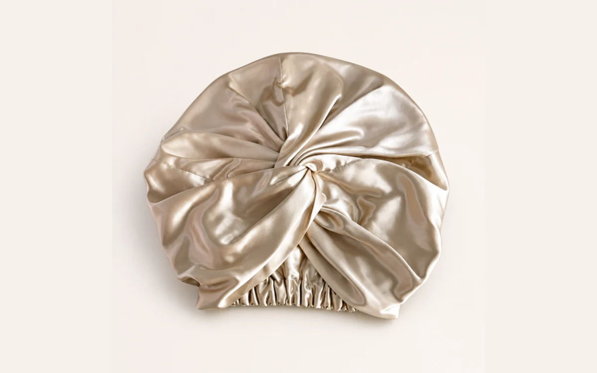 Champagne silk bonnet with a gathered elastic opening shown flat