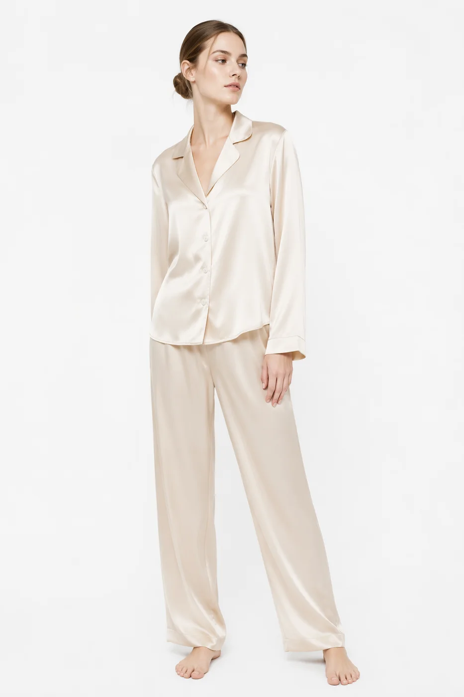 Ivory silk long pajama set shown from the front