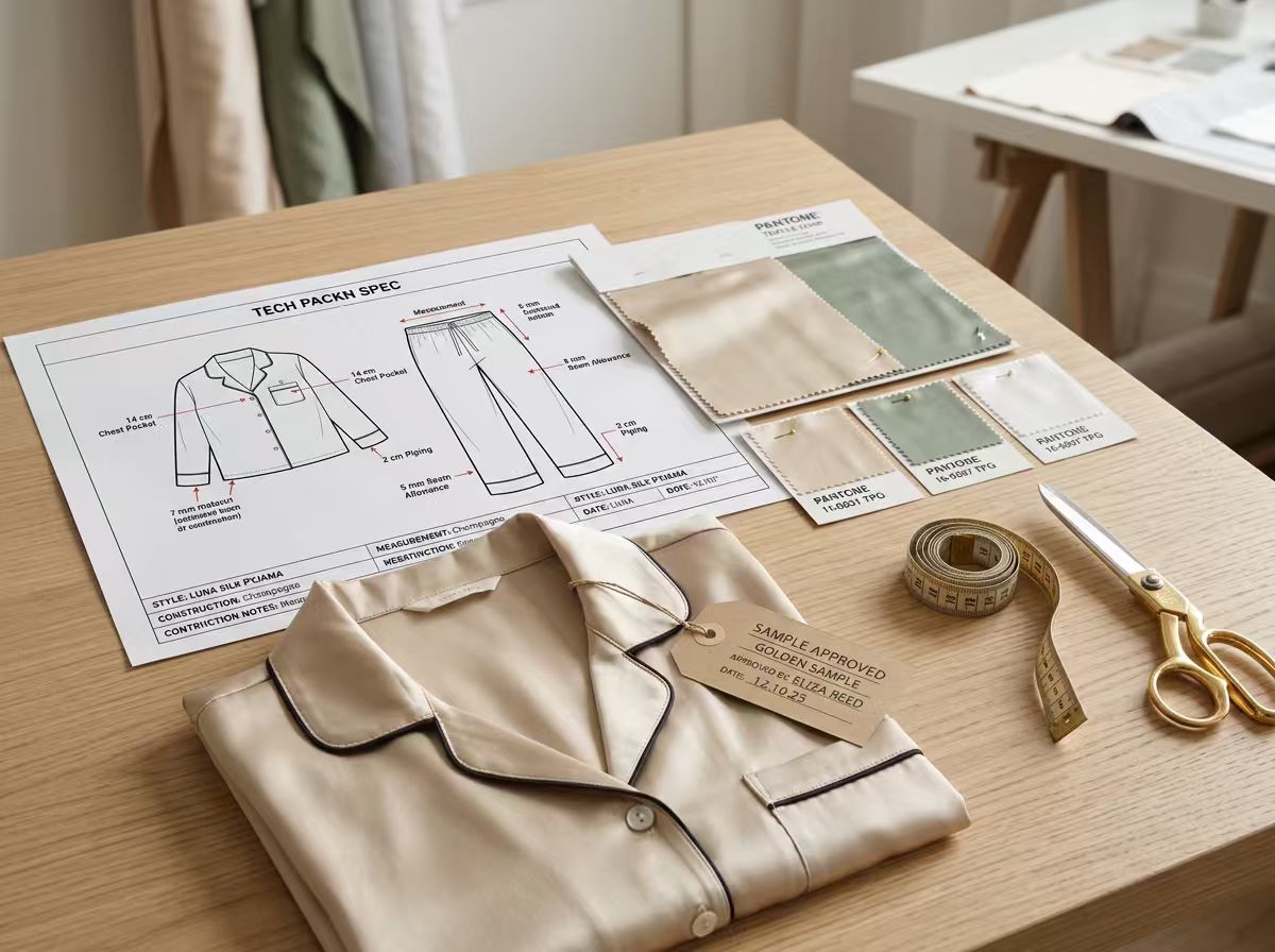 Design and color specification prepared for custom silk pajamas