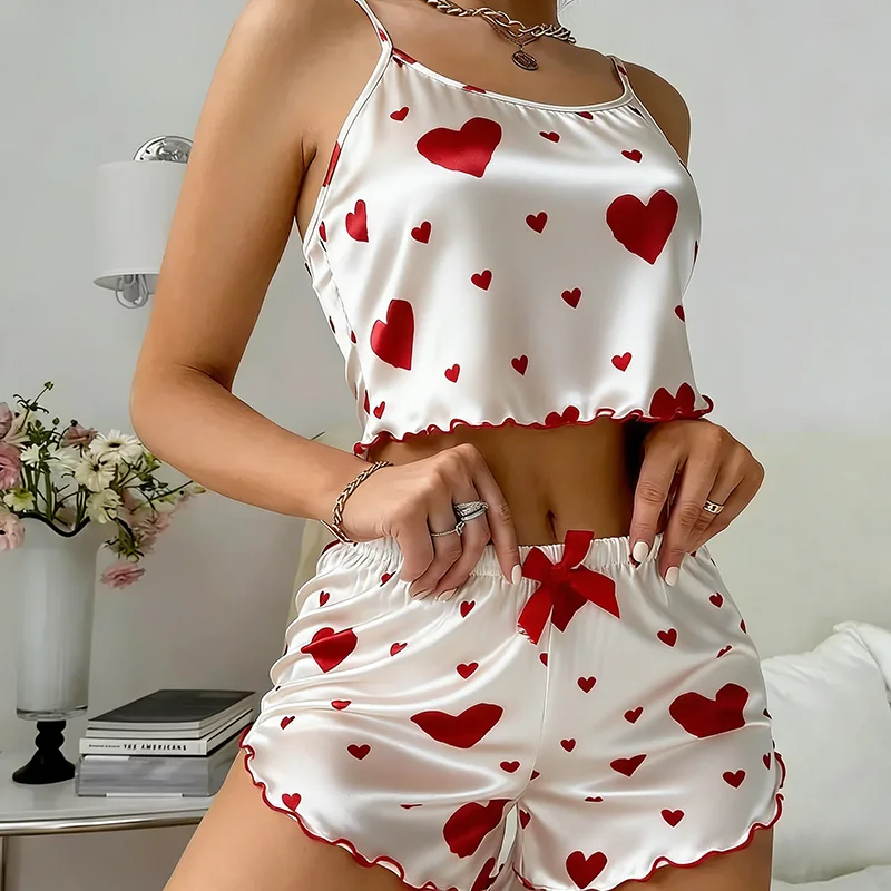 Red heart print silk camisole and shorts detail
