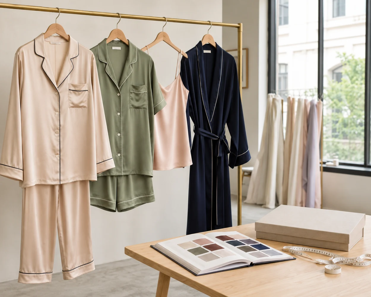 Coordinated custom silk pajamas displayed with color swatches and packaging samples