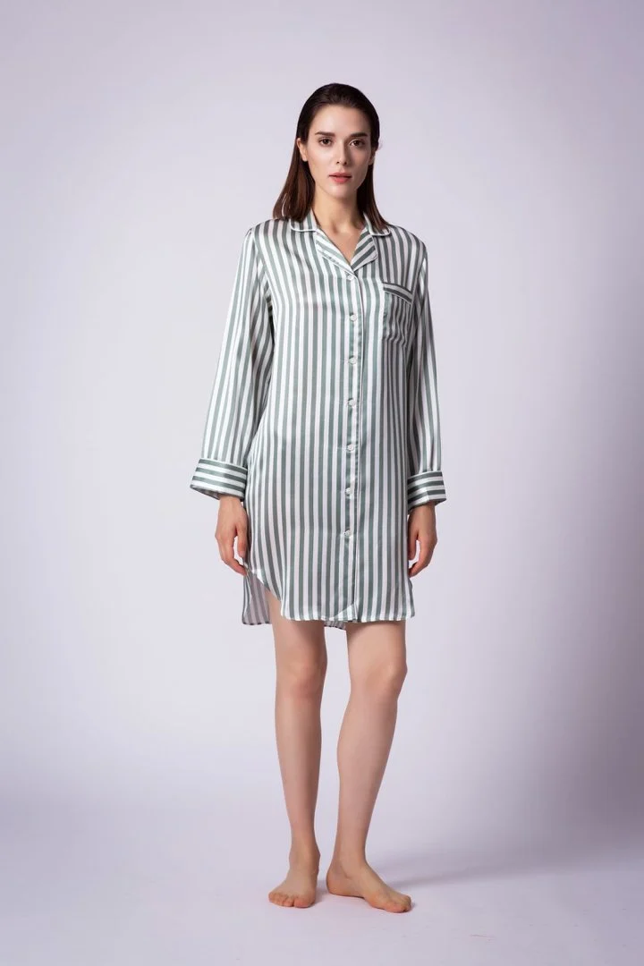 Green striped silk nightshirt shown from the front