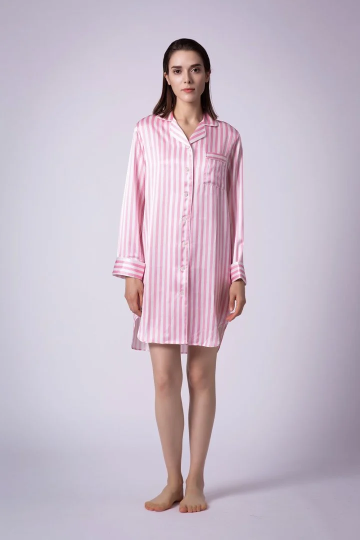 Pink striped silk nightshirt shown from the front