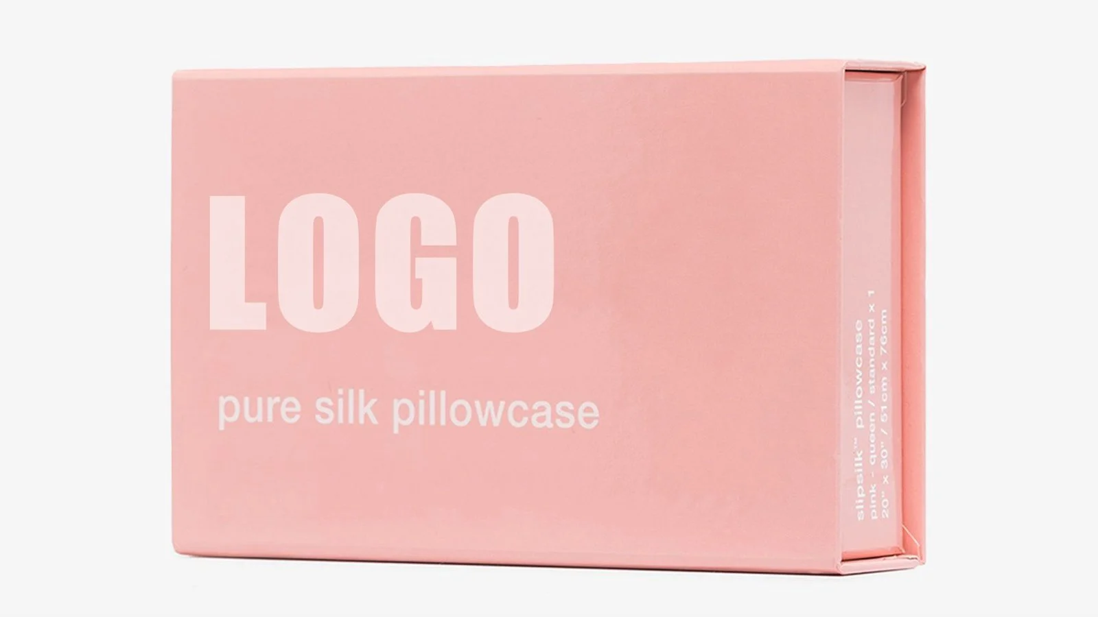 Pink custom retail box with a large printed logo for a silk pillowcase