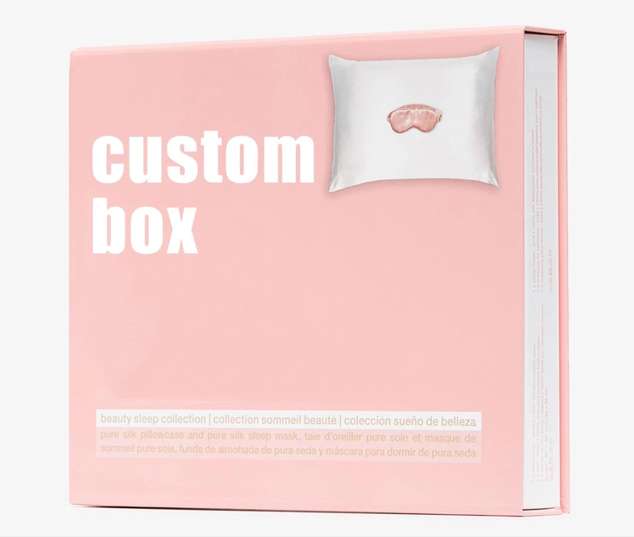 Pink custom retail box for a silk pillowcase and sleep mask set