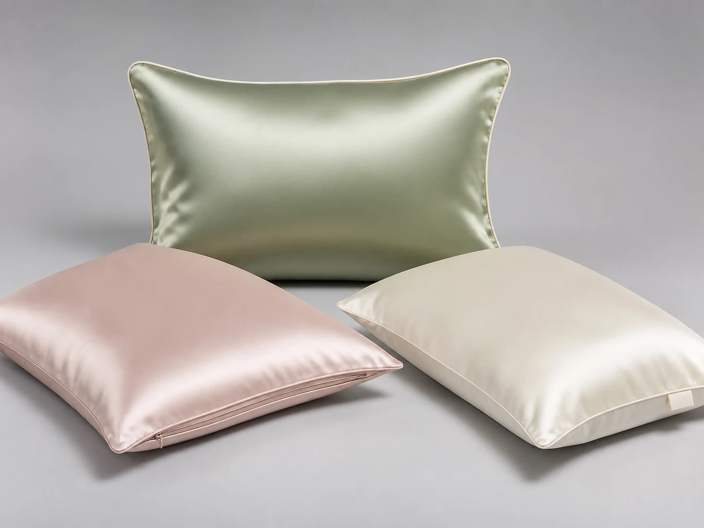 Mulberry silk pillowcases showing colors, edge finishes and concealed zipper construction