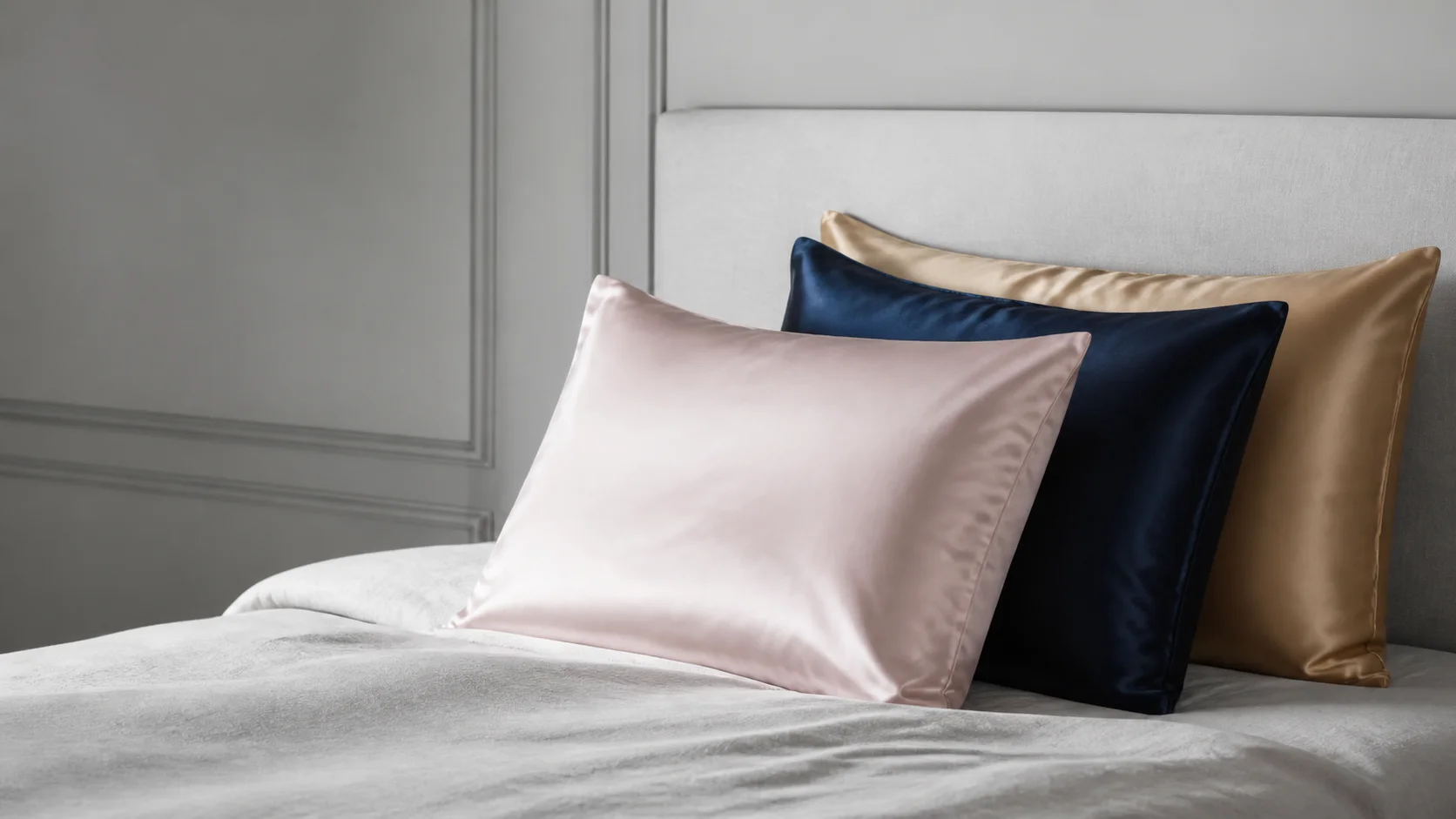 Blush, navy, and champagne silk pillowcases in a cool grey bedroom