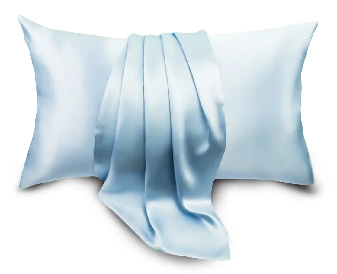 Blue silk pillowcase with a smooth draped silk panel