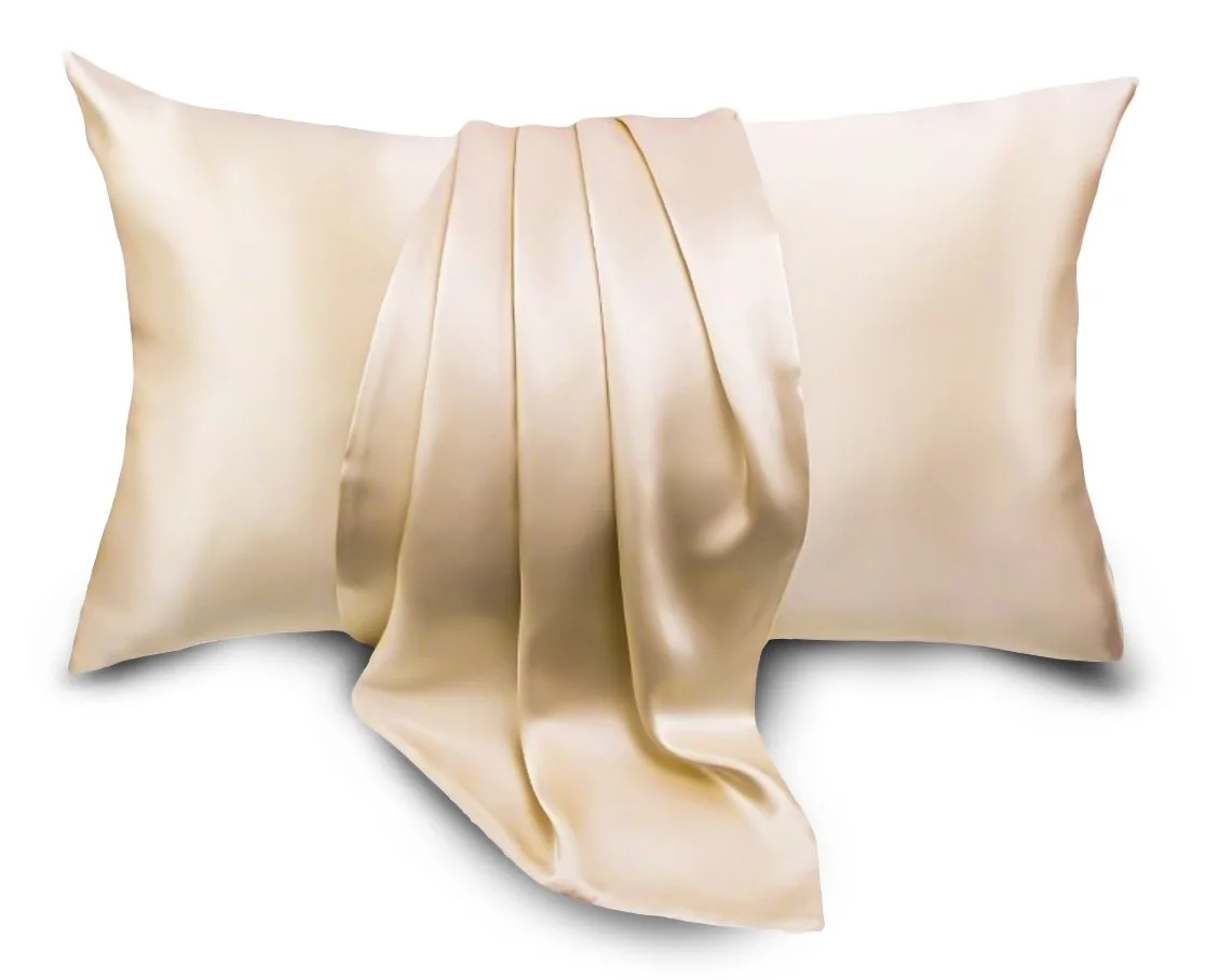 Champagne silk pillowcase with a smooth draped silk panel
