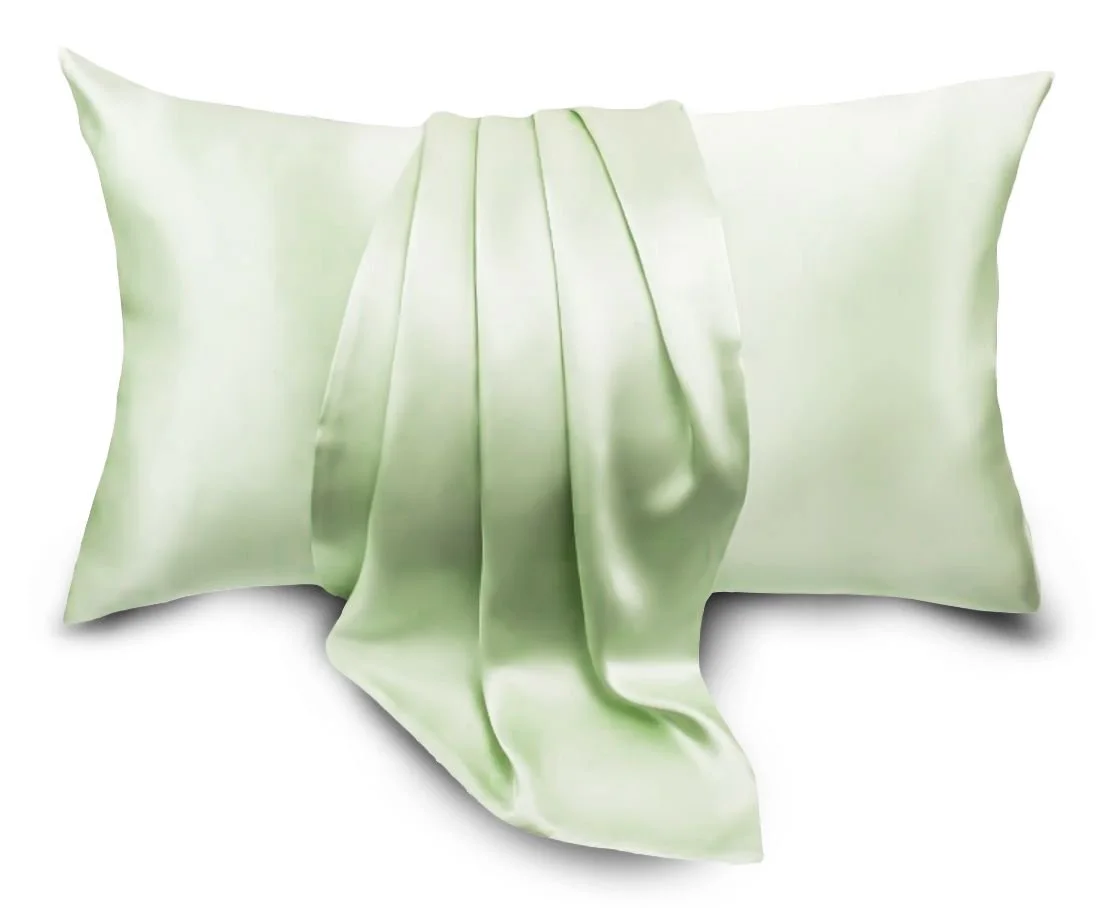 Sage silk pillowcase with a smooth draped silk panel