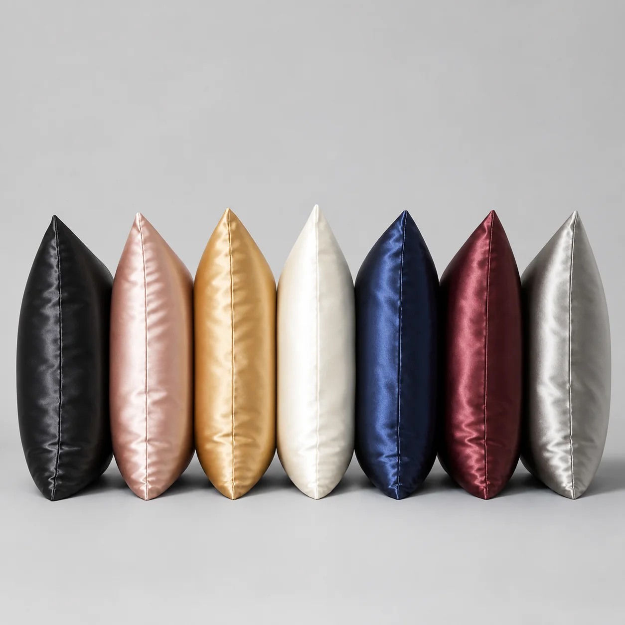Silk pillowcases arranged in multiple colors
