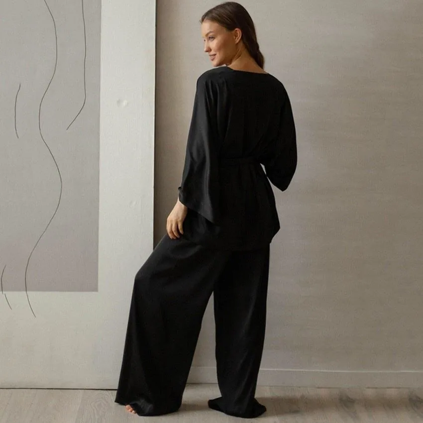 Black silk lounge set showing back fit and drape