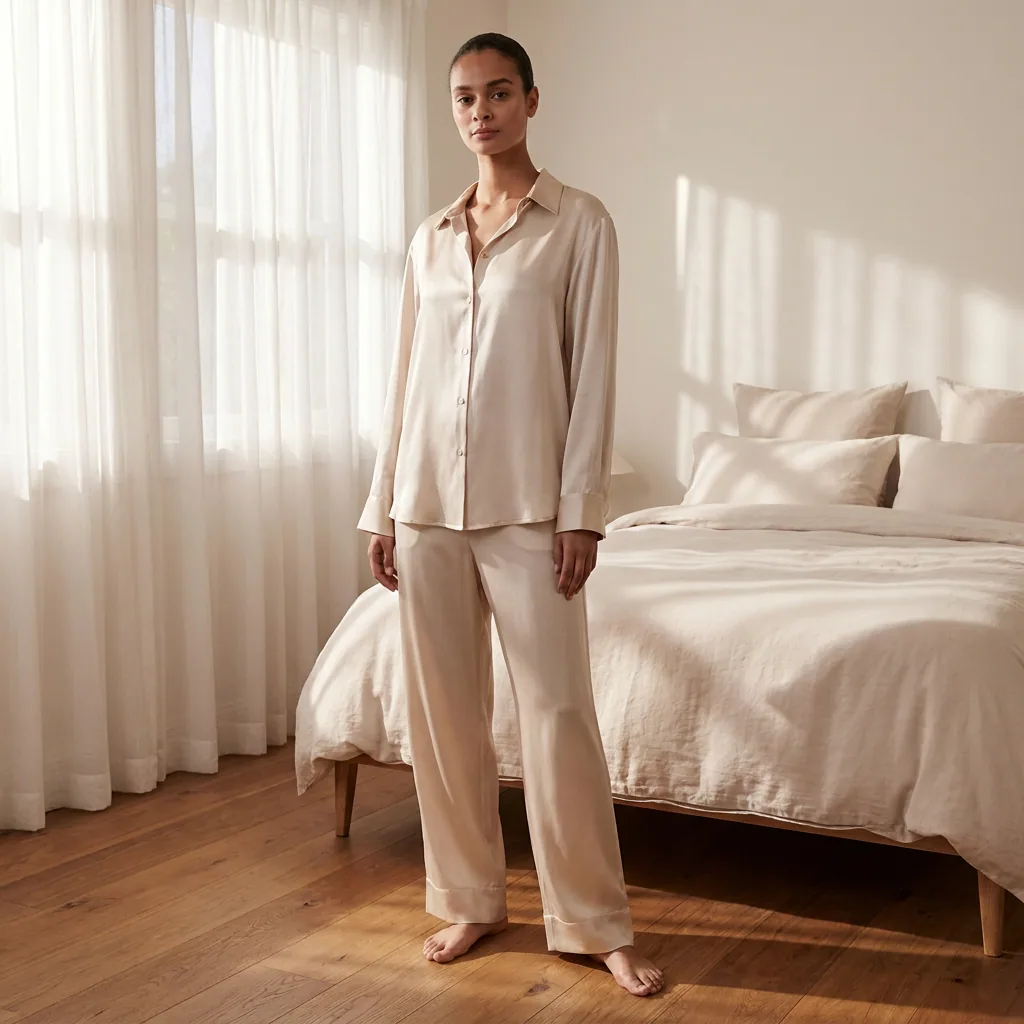 Champagne silk pajama set front view