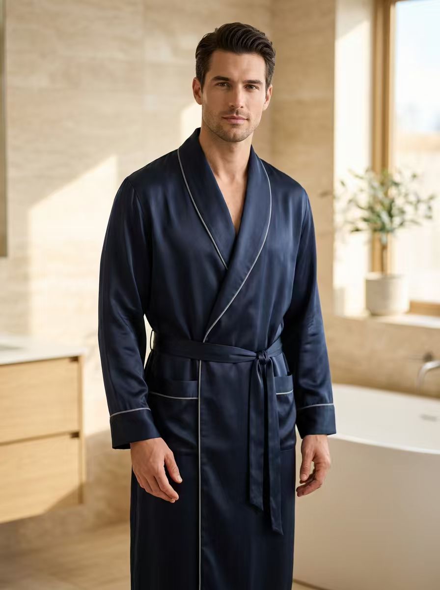 Man wearing a navy silk robe