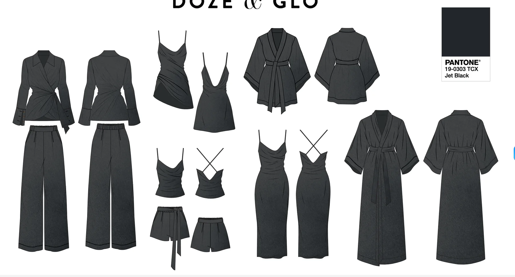Sleepwear range design sheet with silhouettes and Pantone color standards