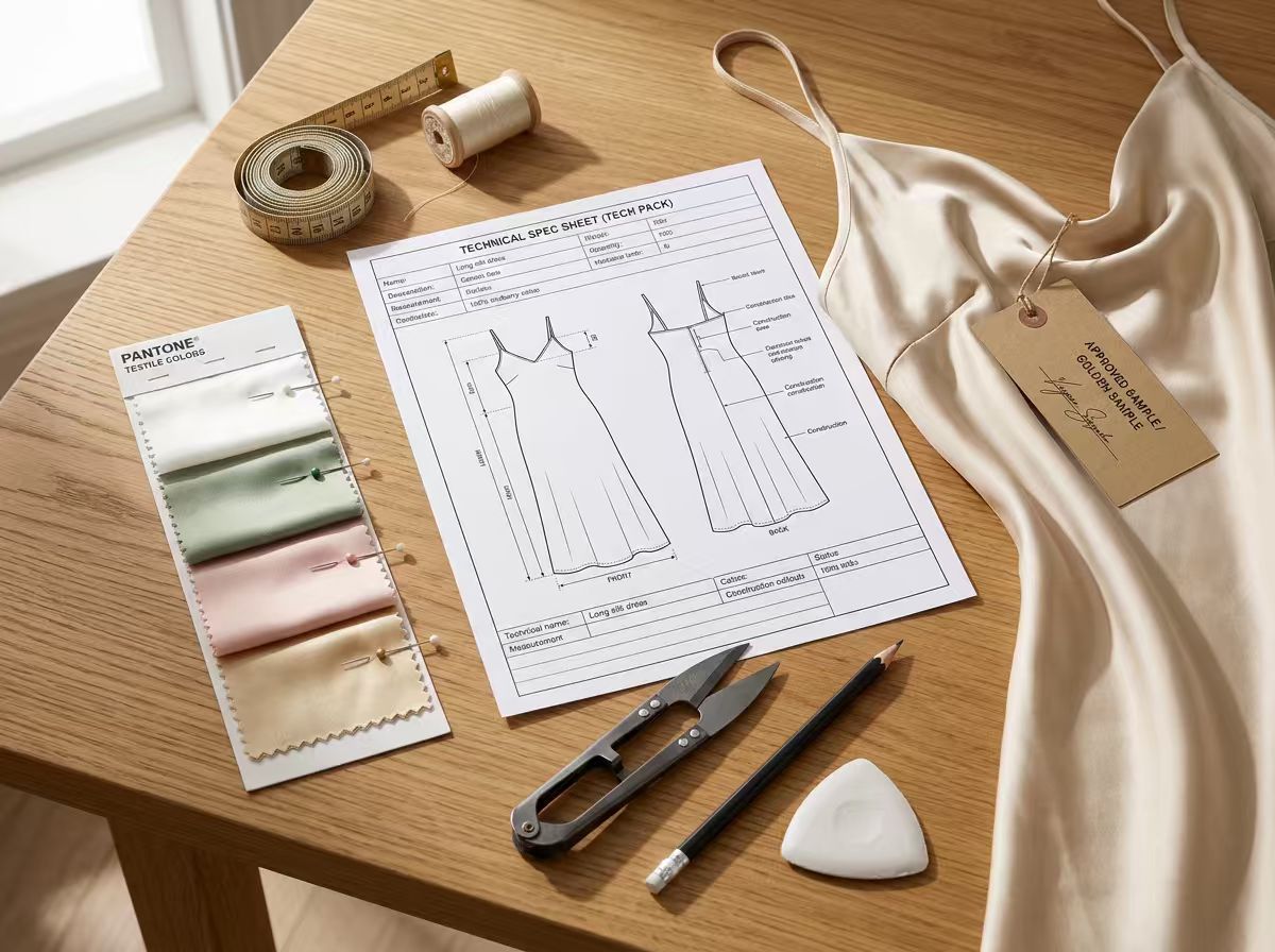 Slip dress development layout with a technical drawing and fabric references
