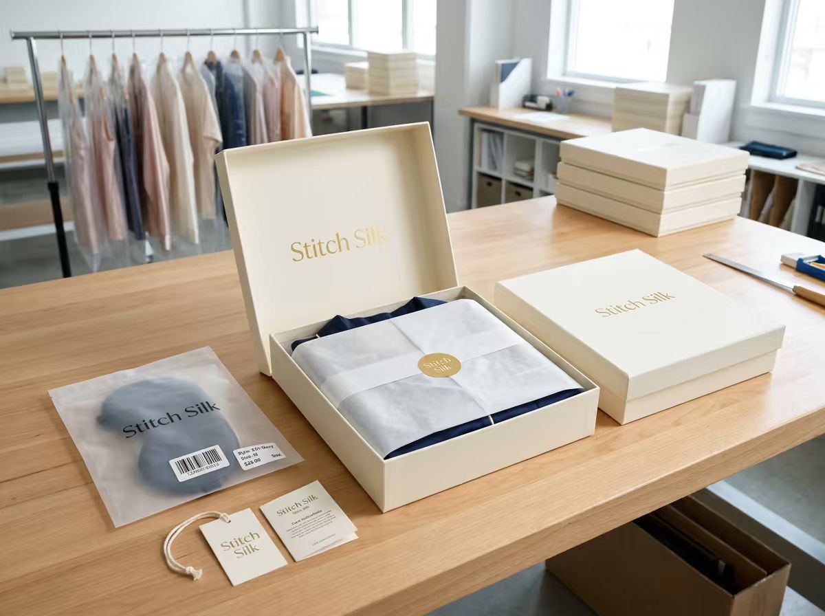 Folded silk garment with branded box, pouch and labels