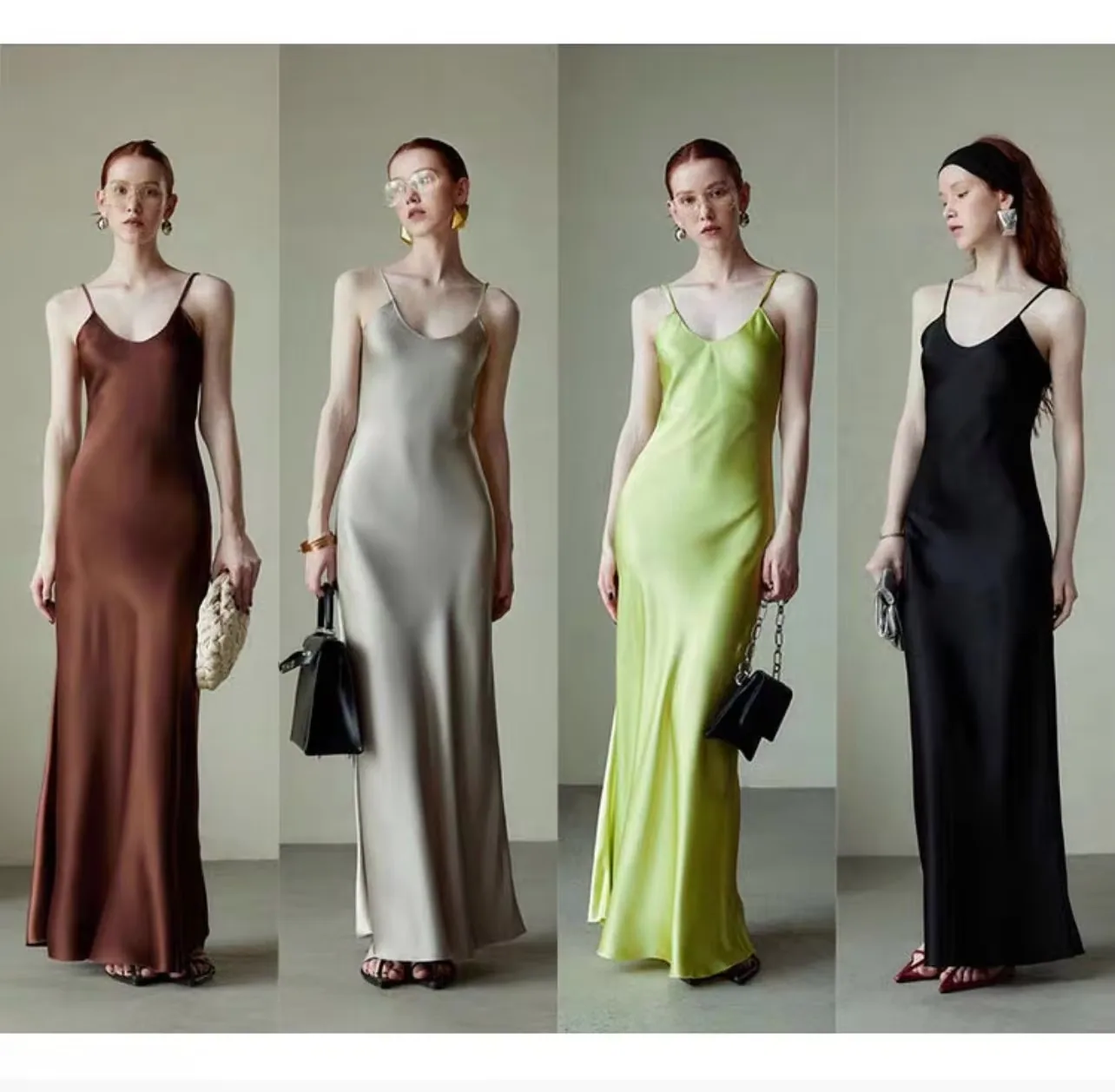 Farbpalette der Seiden-Slipdresses in Kakao, Silber, Limette und Schwarz