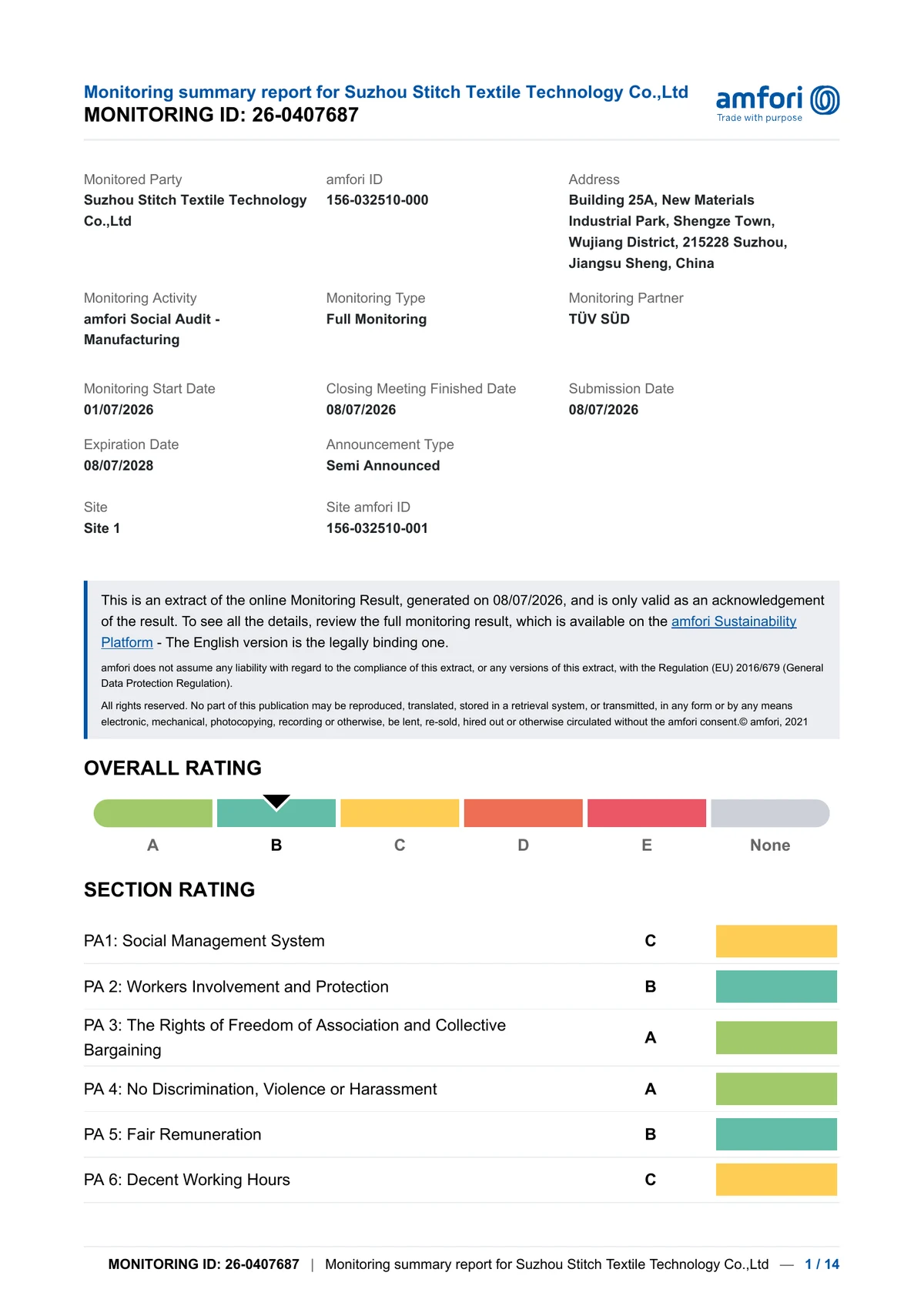 amfori BSCI monitoring summary report for SUZHOU STITCH TEXTILE TECHNOLOGY CO., LTD., submitted in 2026