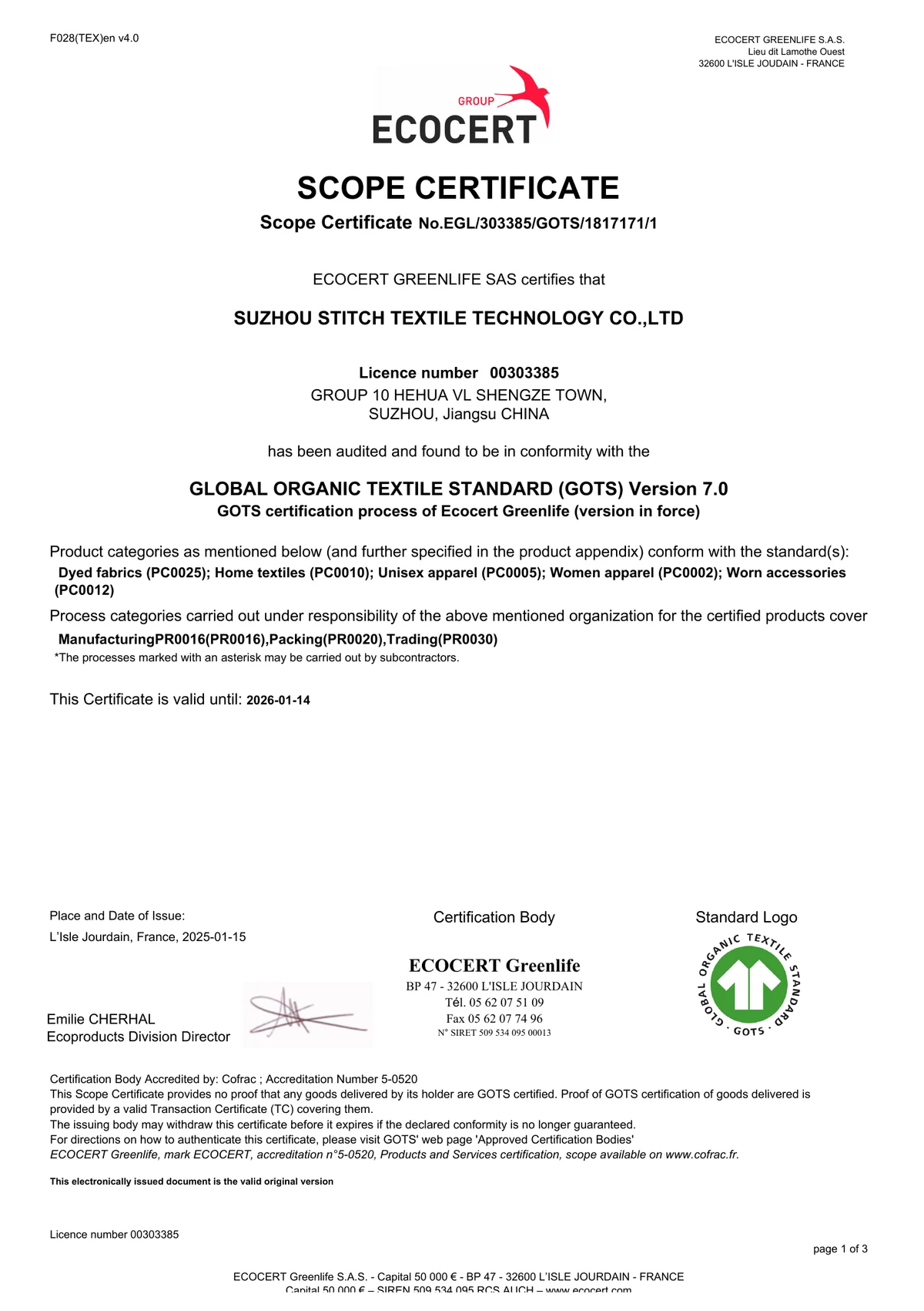ECOCERT GOTS scope certificate issued to SUZHOU STITCH TEXTILE TECHNOLOGY CO., LTD. in 2025