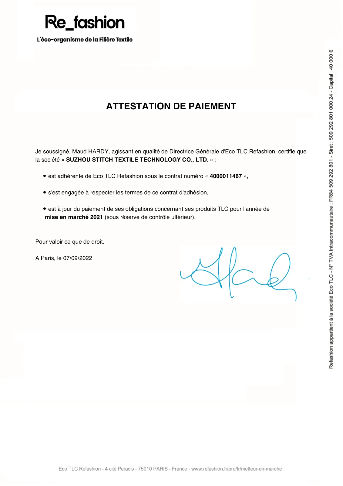 French Refashion textile compliance payment attestation for the 2021 market year