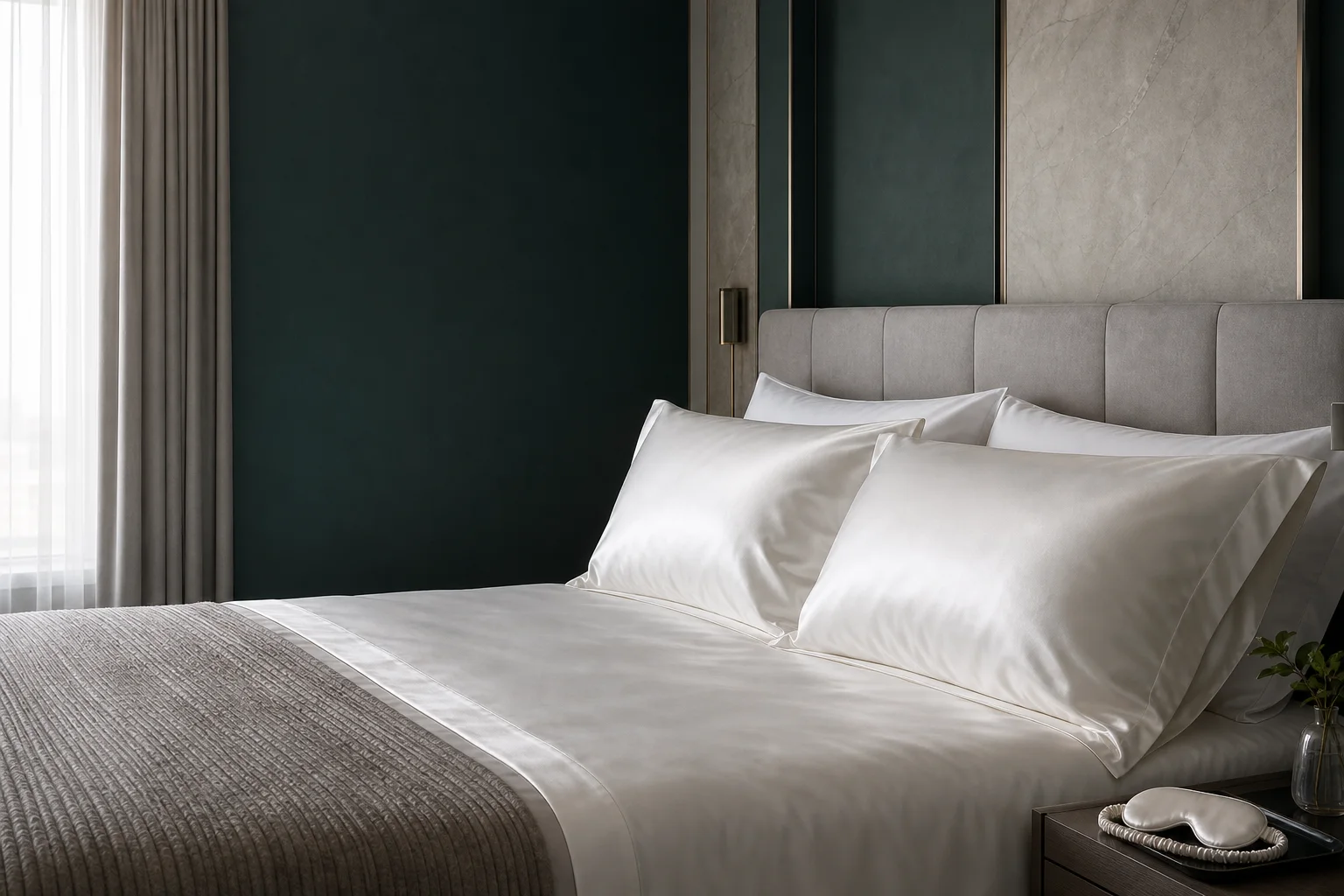 Premium silk bedding prepared for a contemporary hospitality suite