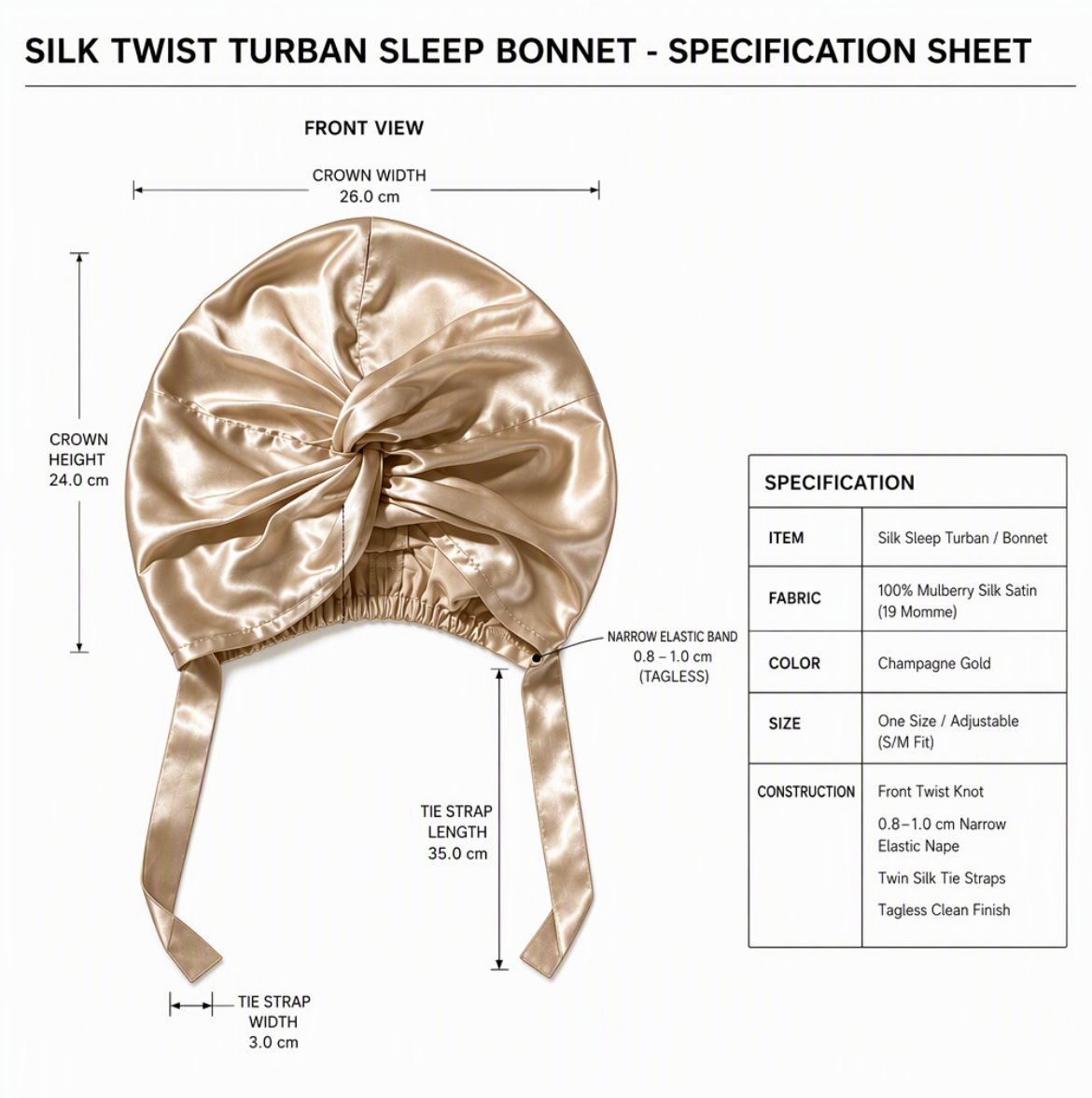 Champagne silk tie bonnet specification sheet