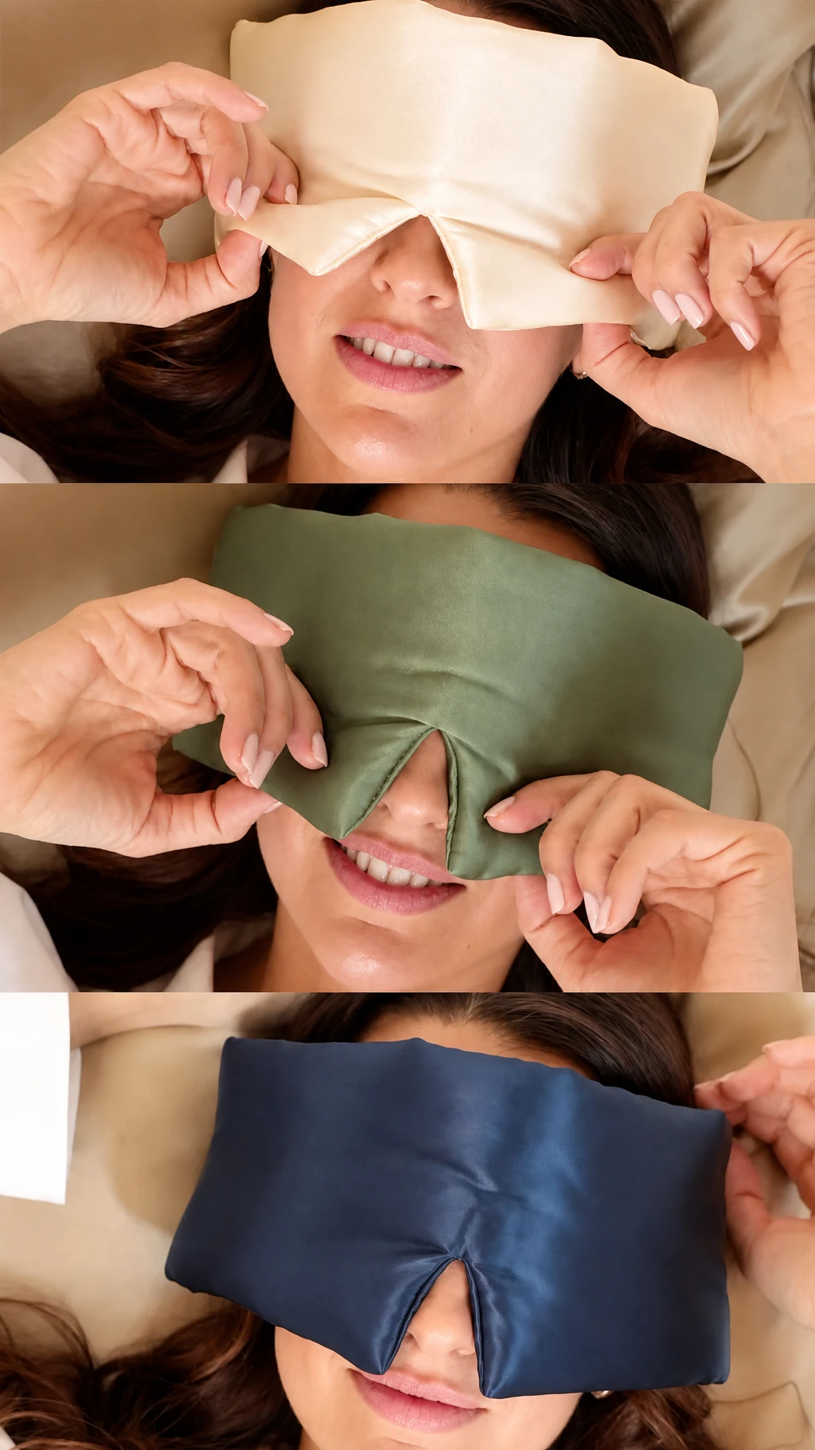 Woman comparing ivory, sage green, and navy large silk sleep masks