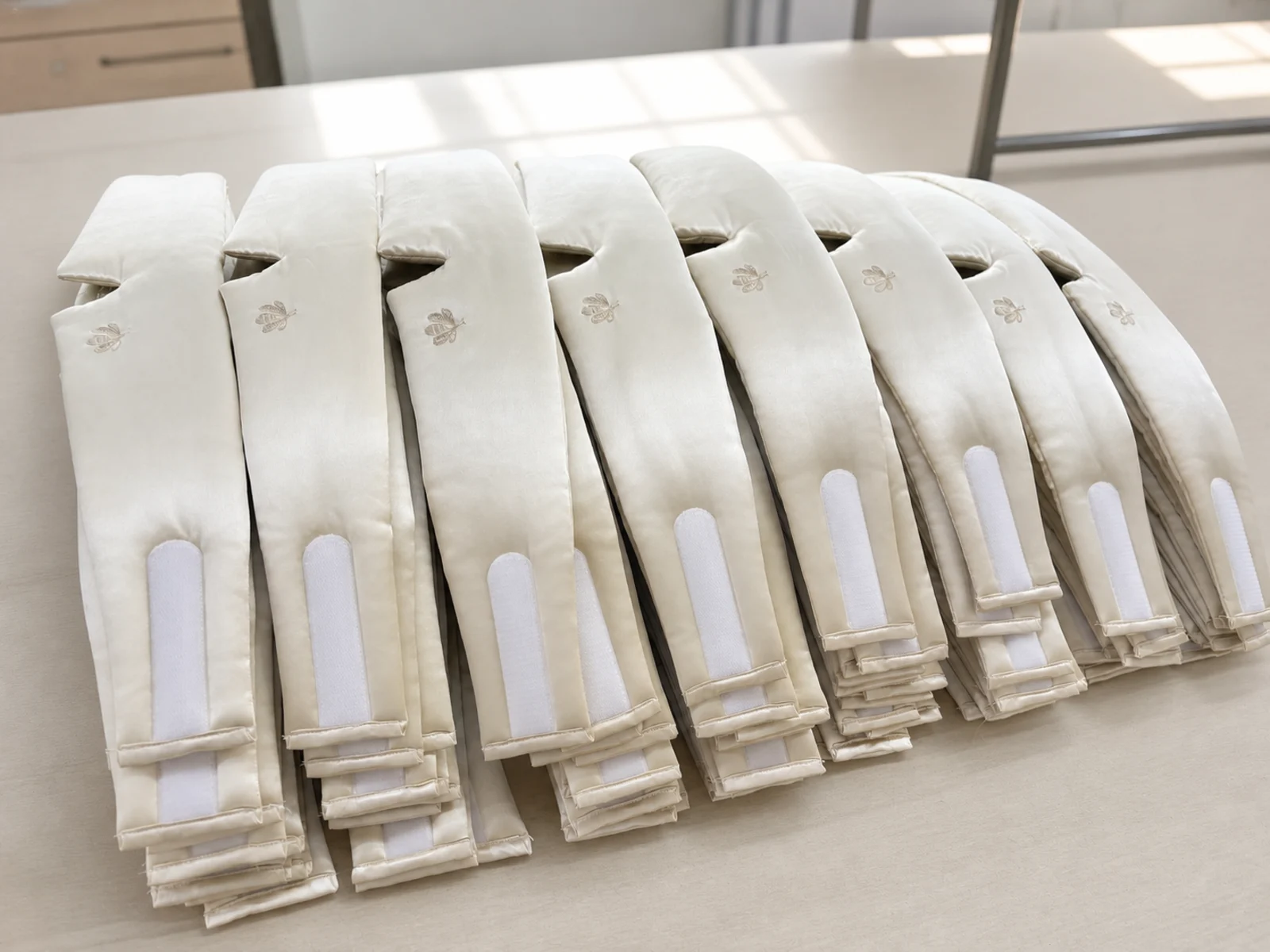Batch of ivory wraparound silk sleep masks aligned for bulk quality inspection