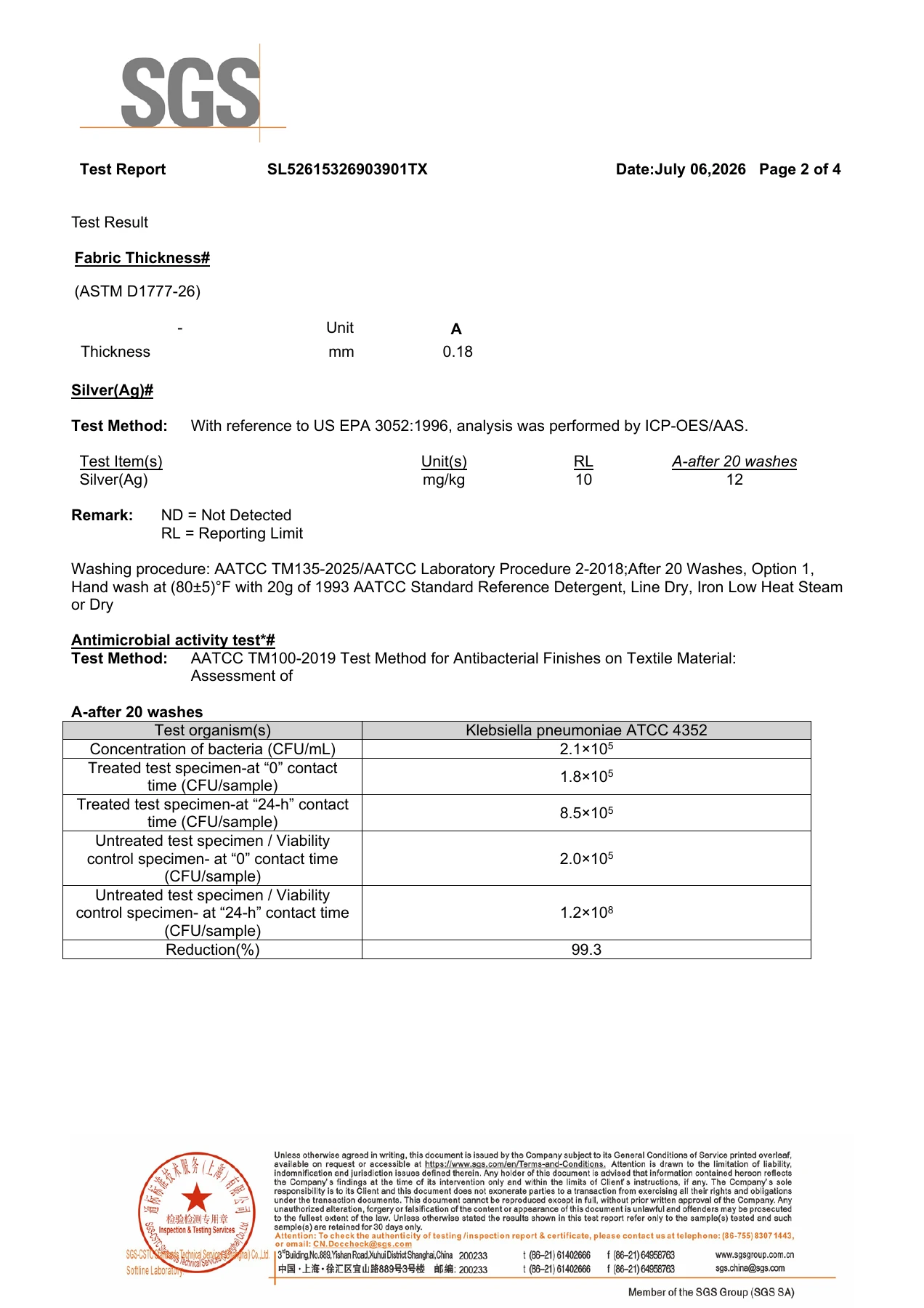 SGS report page 2 showing silver content and Klebsiella reduction after 20 washes