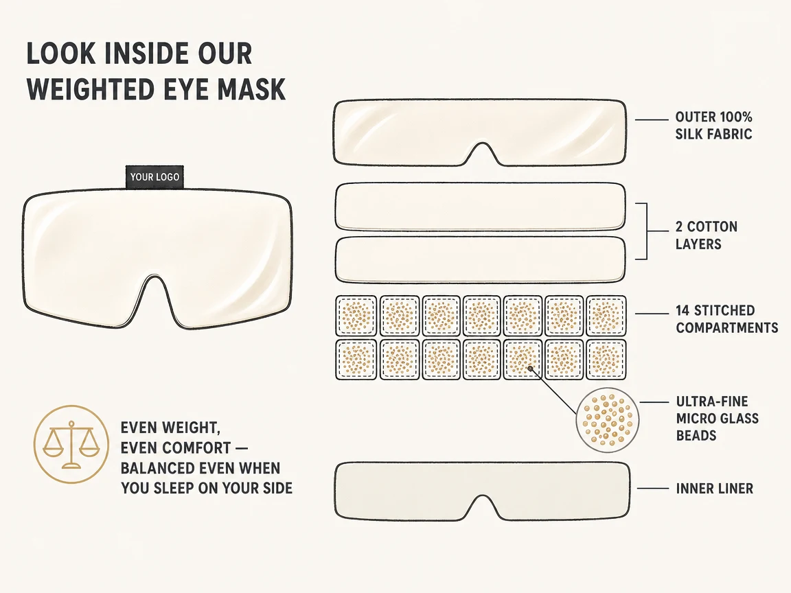 Exploded construction reference: silk outer, cotton buffers, compartmented micro glass beads, and inner liner