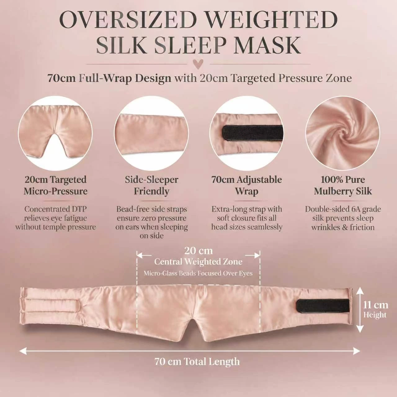 Pink oversized weighted silk sleep mask showing a 70 cm adjustable wrap, 20 cm central weighted zone and 11 cm height