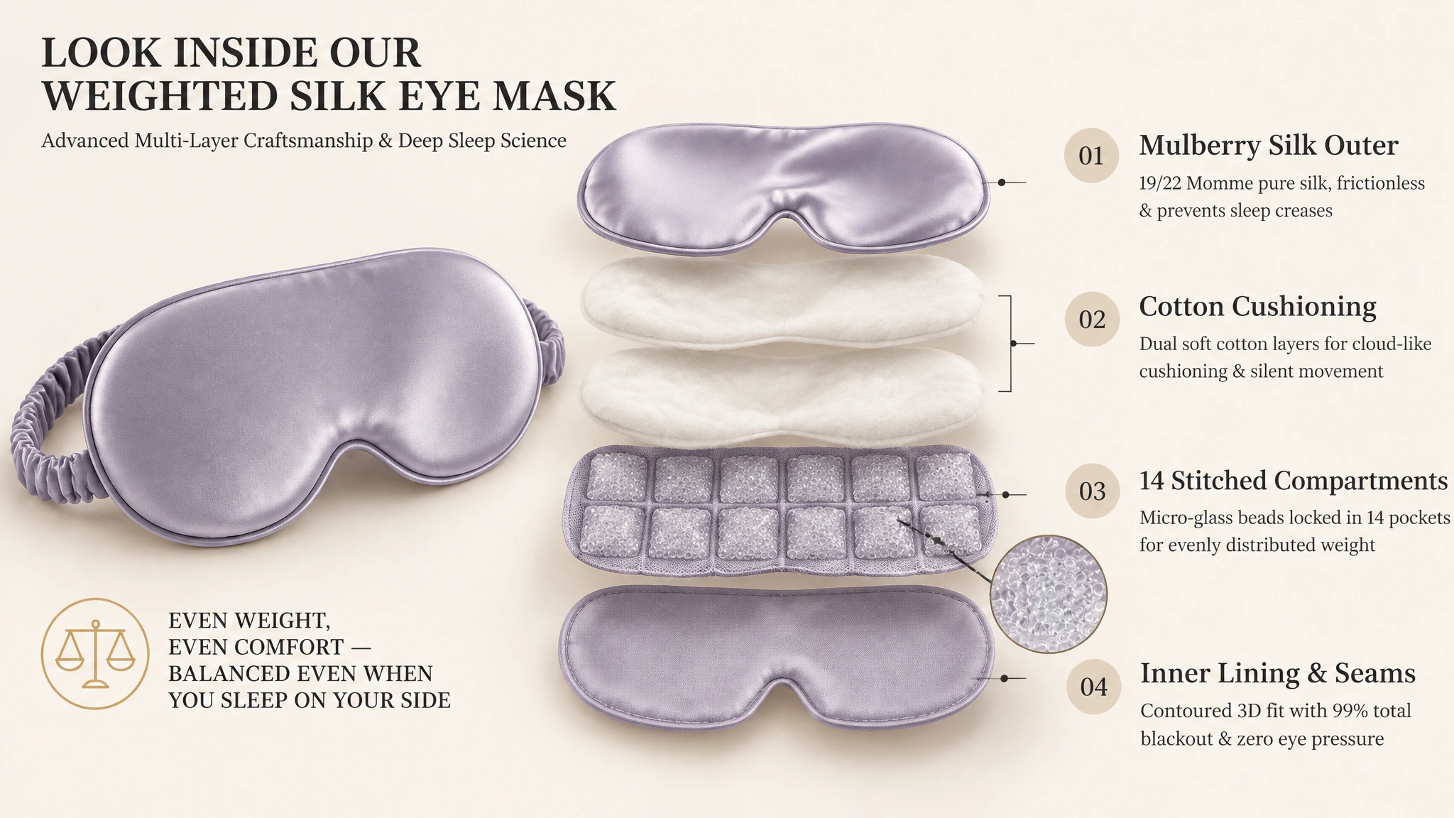 Lavender weighted silk sleep mask layered design with mulberry silk outer, cotton cushioning, compartmented glass beads and contoured inner lining