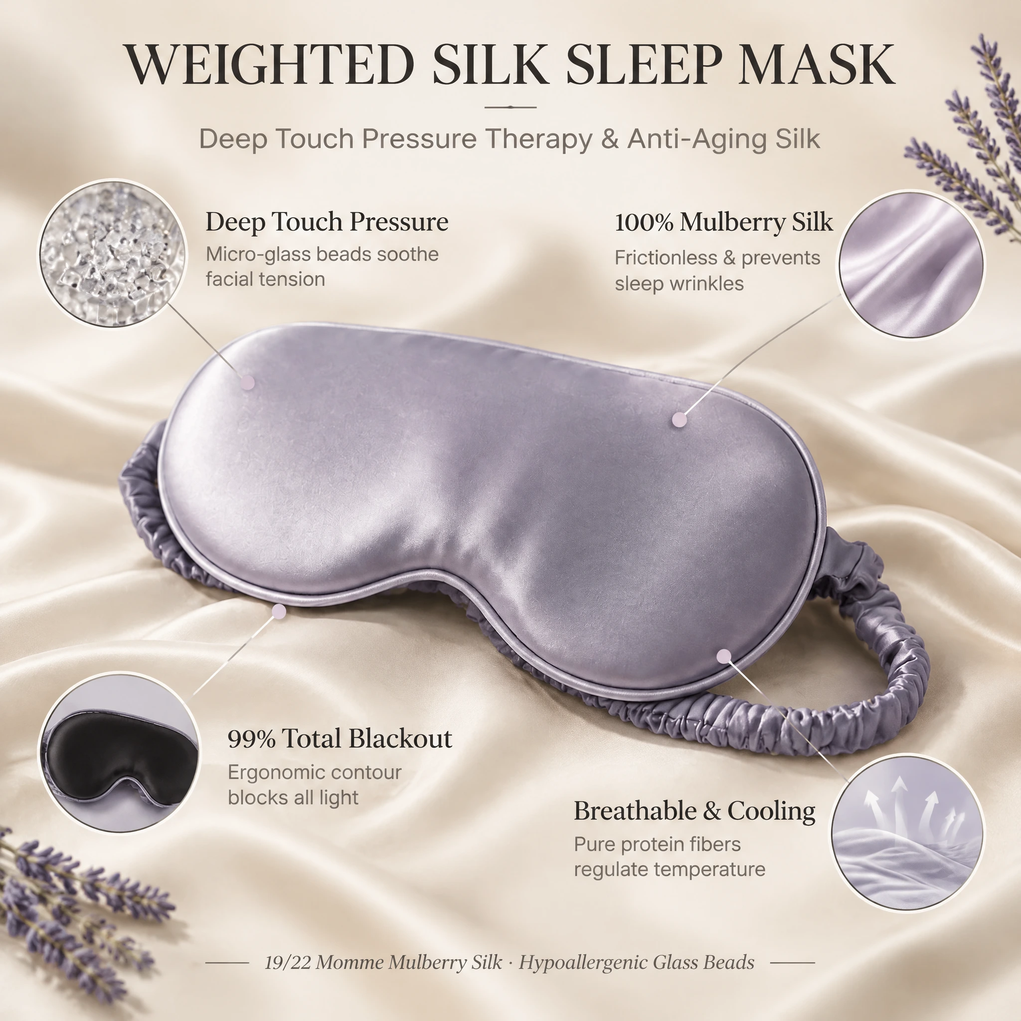Lavender weighted silk sleep mask with glass bead, mulberry silk, blackout and breathable construction details
