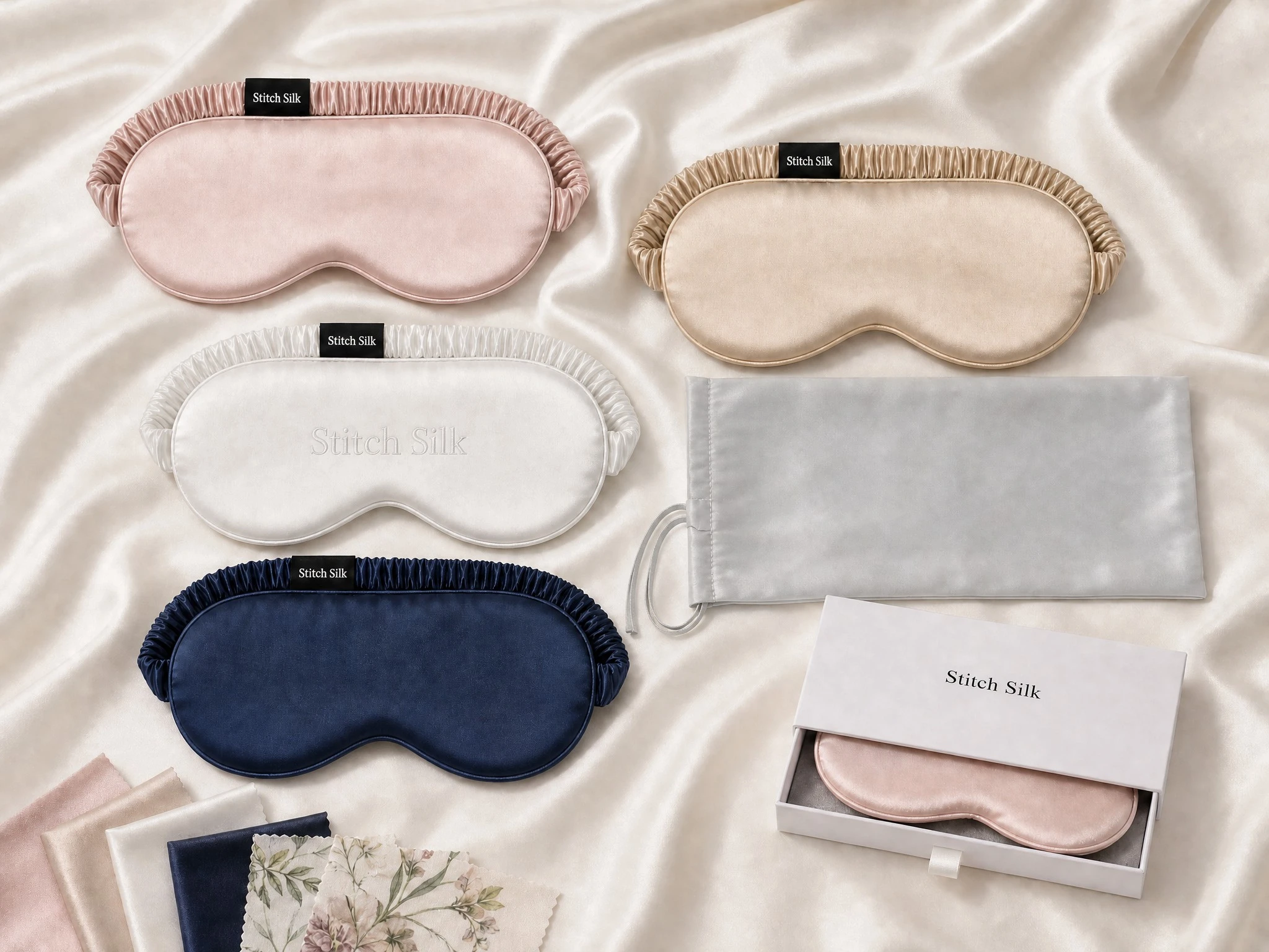 Color, printing, logo placement, and packaging options for custom silk eye masks