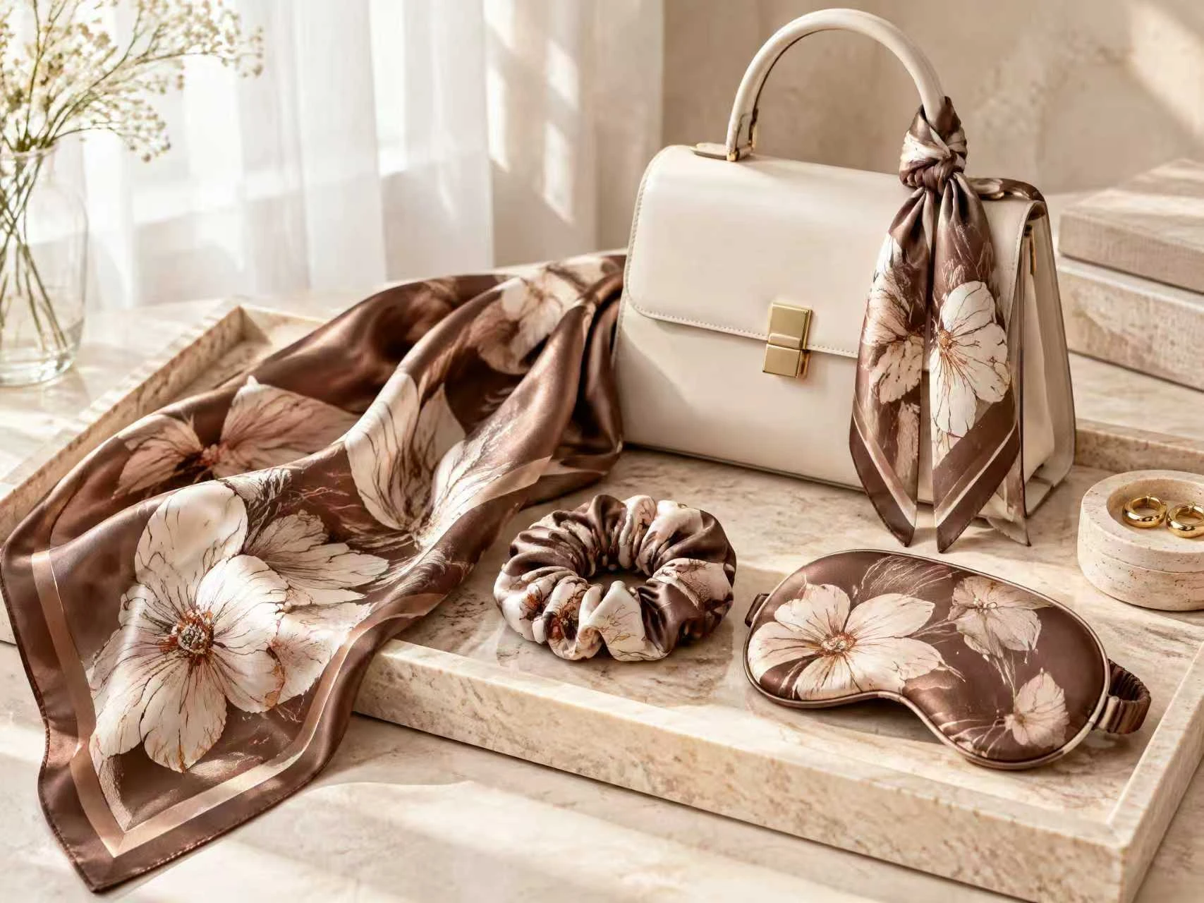 Coordinated floral silk scarf, bag accessory, scrunchie and sleep mask collection