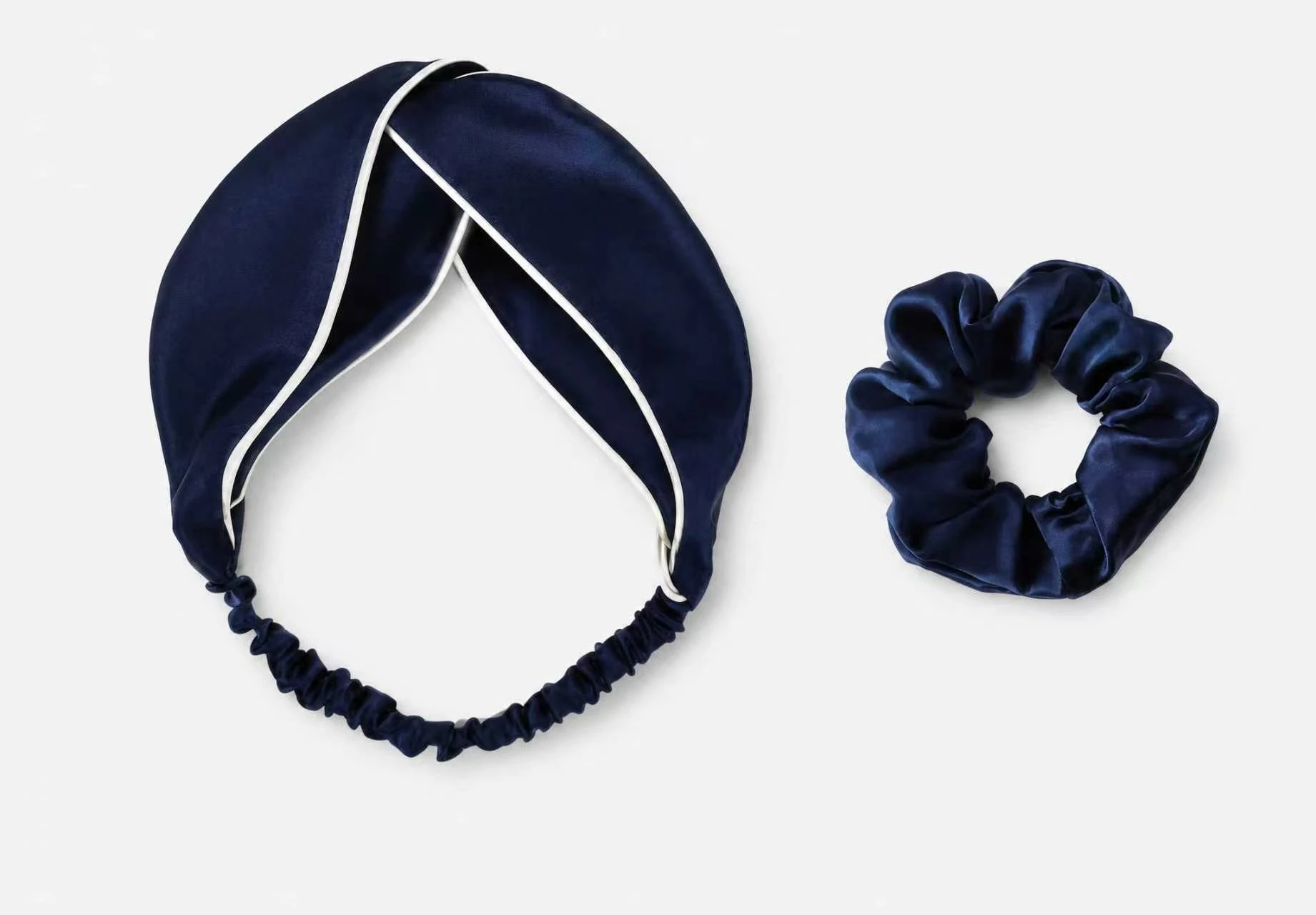 Navy silk headband with white piping and matching silk scrunchie
